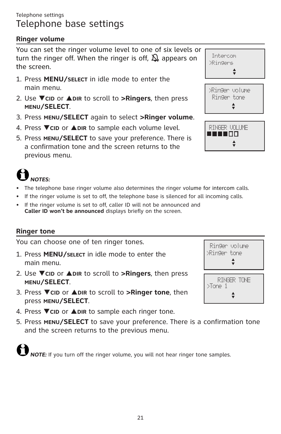 Telephone base settings, Elect, Press | Elect again to select >ringer volume . 4. press | AT&T CL83201 User Manual | Page 27 / 120