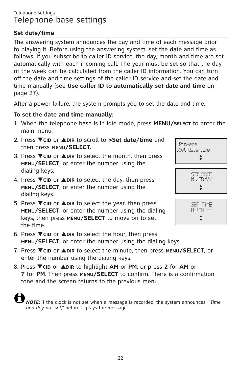 Telephone base settings, Elect. 3. press, Elect to move on to set the time. 6. press | AT&T CL83201 User Manual | Page 28 / 120