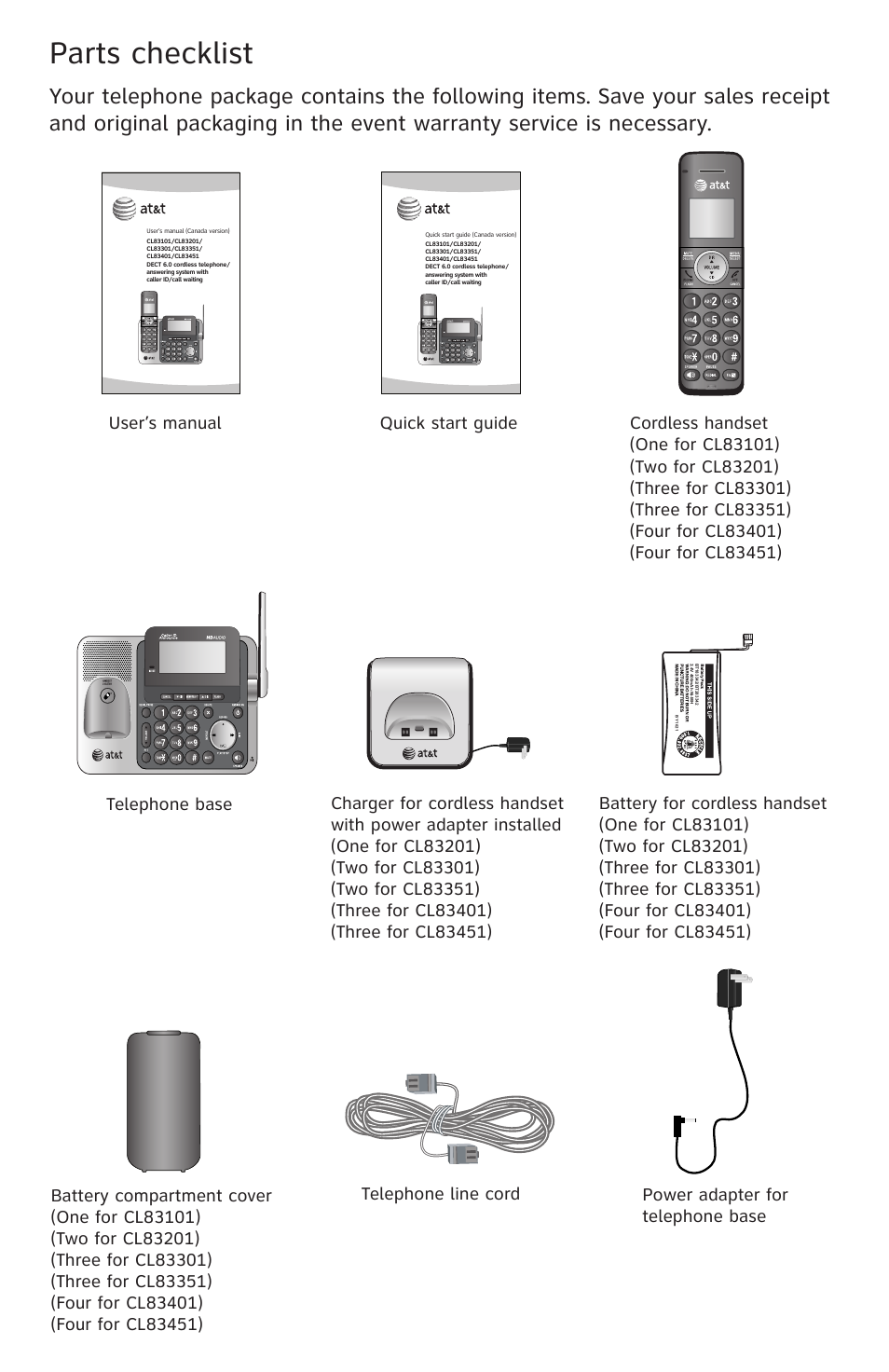 Parts checklist, User’s manual, Quick start guide | AT&T CL83201 User Manual | Page 3 / 120