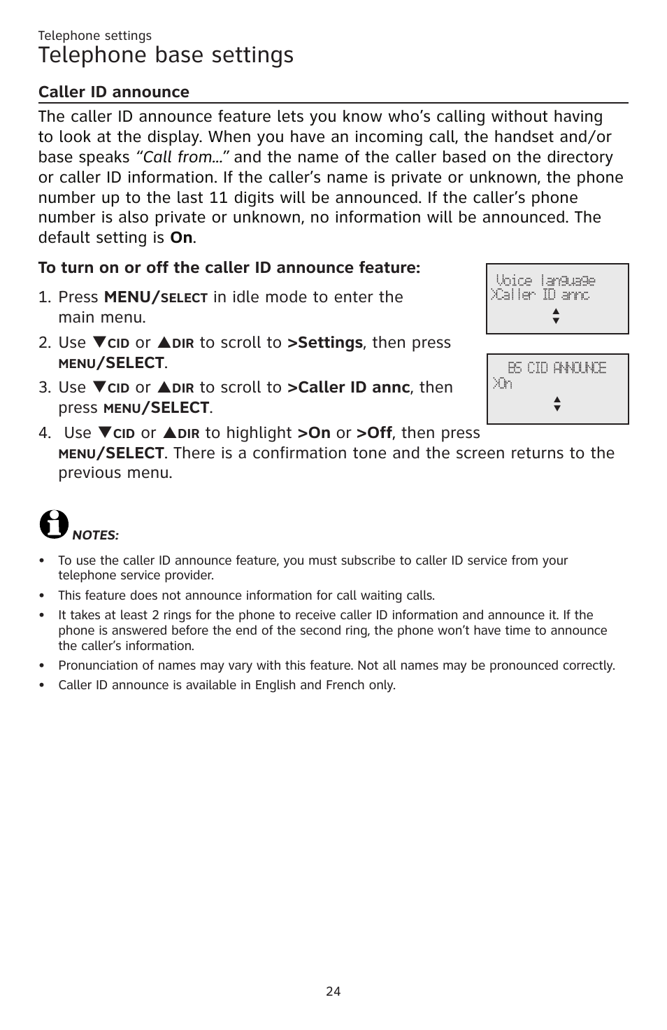 Telephone base settings, Elect . 3. use, Elect . 4. use | AT&T CL83201 User Manual | Page 30 / 120