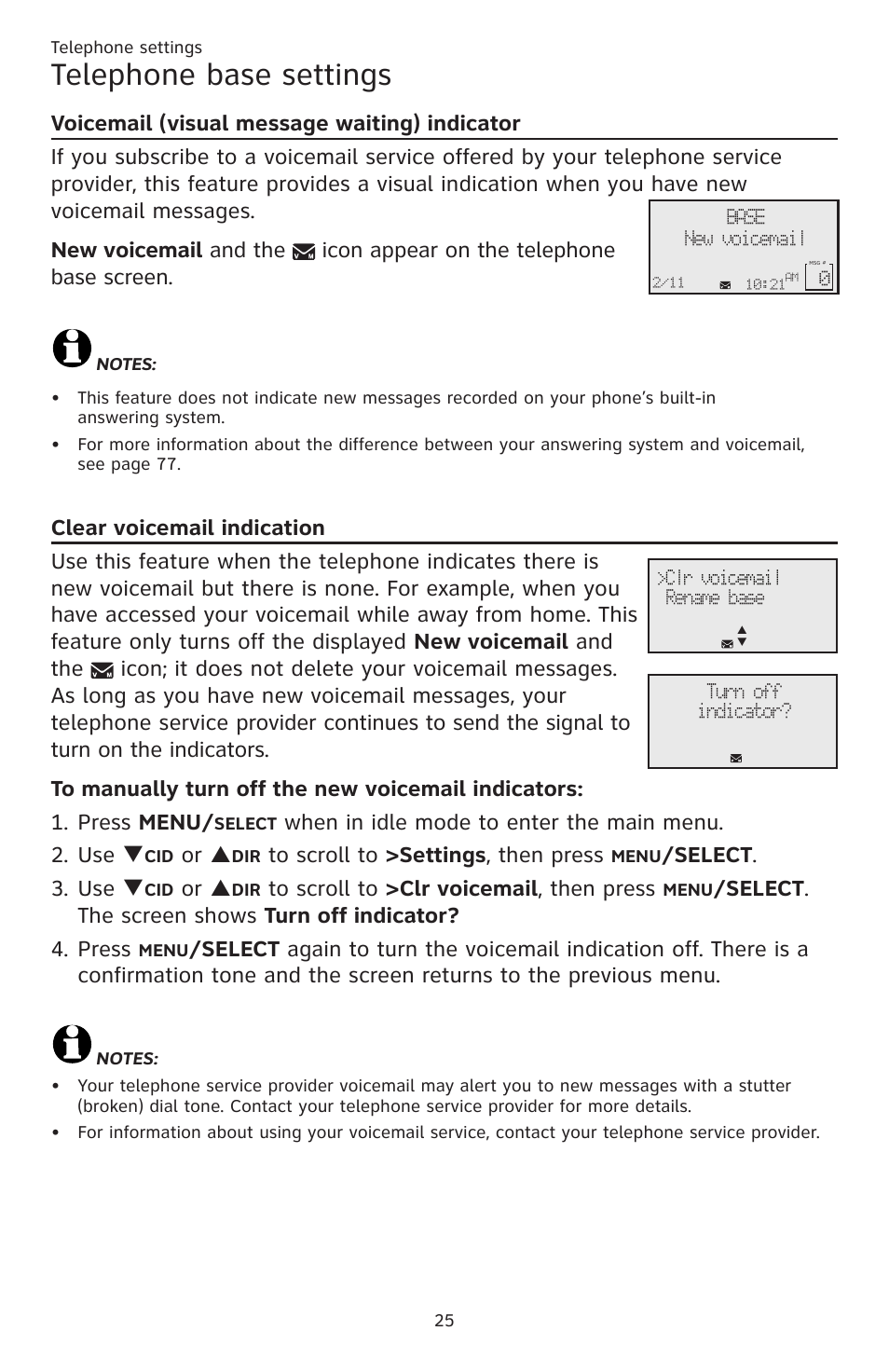 Telephone base settings, When in idle mode to enter the main menu. 2. use q, Or p | Elect . 3. use q | AT&T CL83201 User Manual | Page 31 / 120