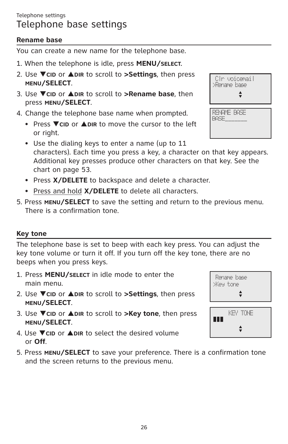 Telephone base settings, Elect . 3. use, Elect . 4. use | AT&T CL83201 User Manual | Page 32 / 120