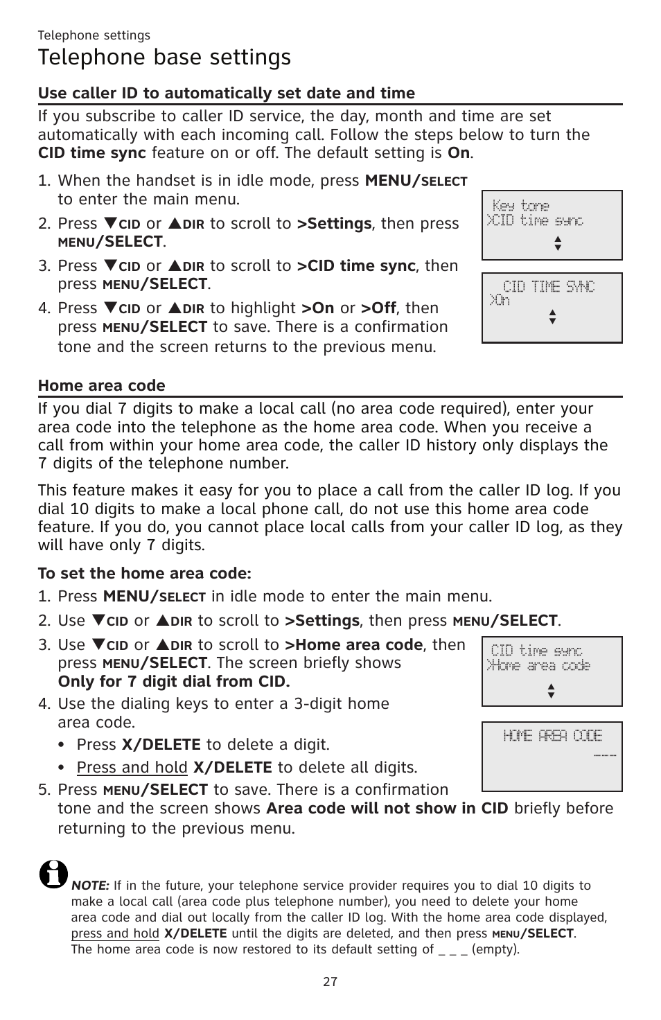 Telephone base settings, Elect . 3. press, Elect . 4. press | Elect . 3. use | AT&T CL83201 User Manual | Page 33 / 120