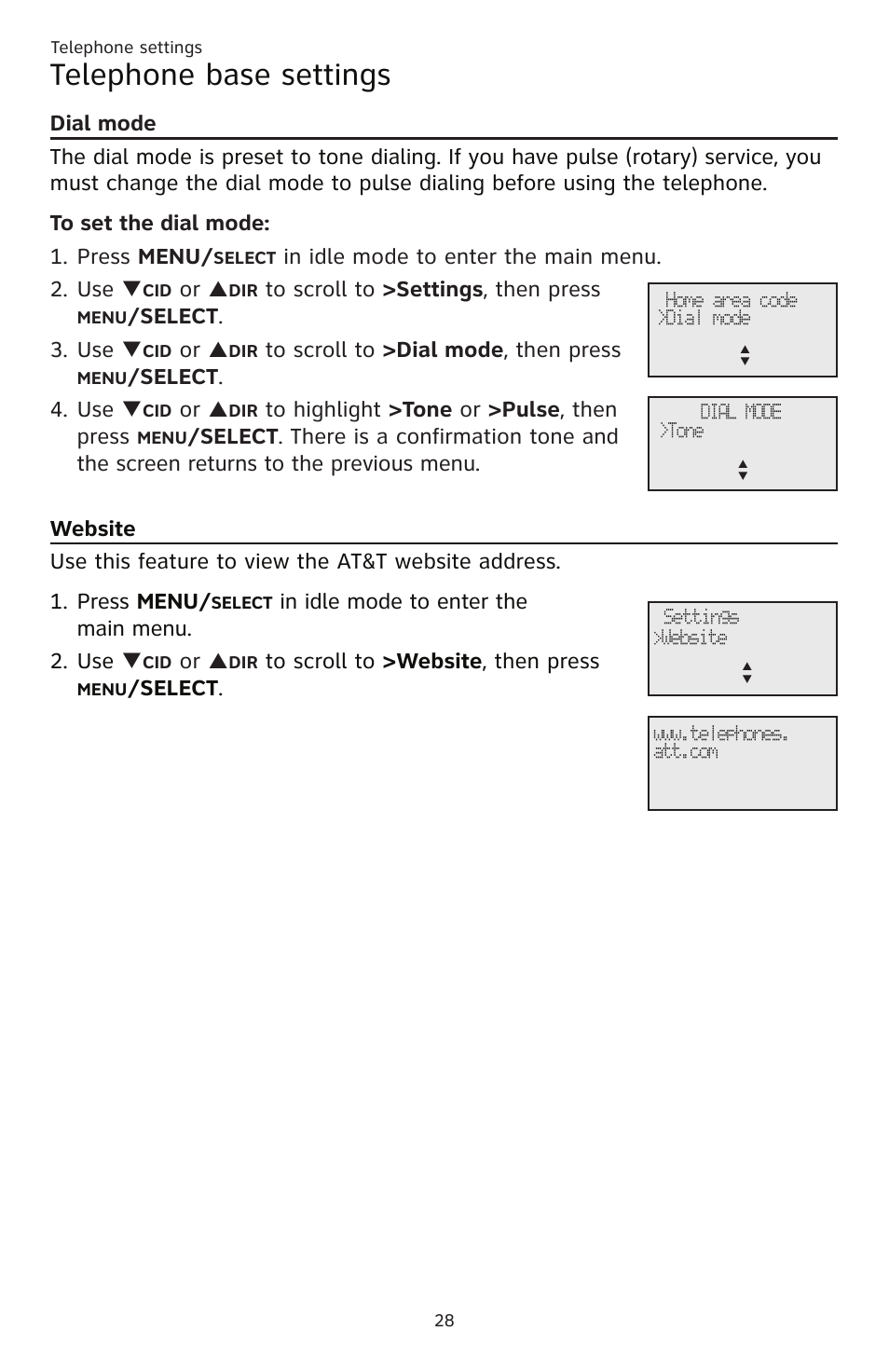 Telephone base settings, Elect . 3. use, Elect . 4. use | Elect | AT&T CL83201 User Manual | Page 34 / 120