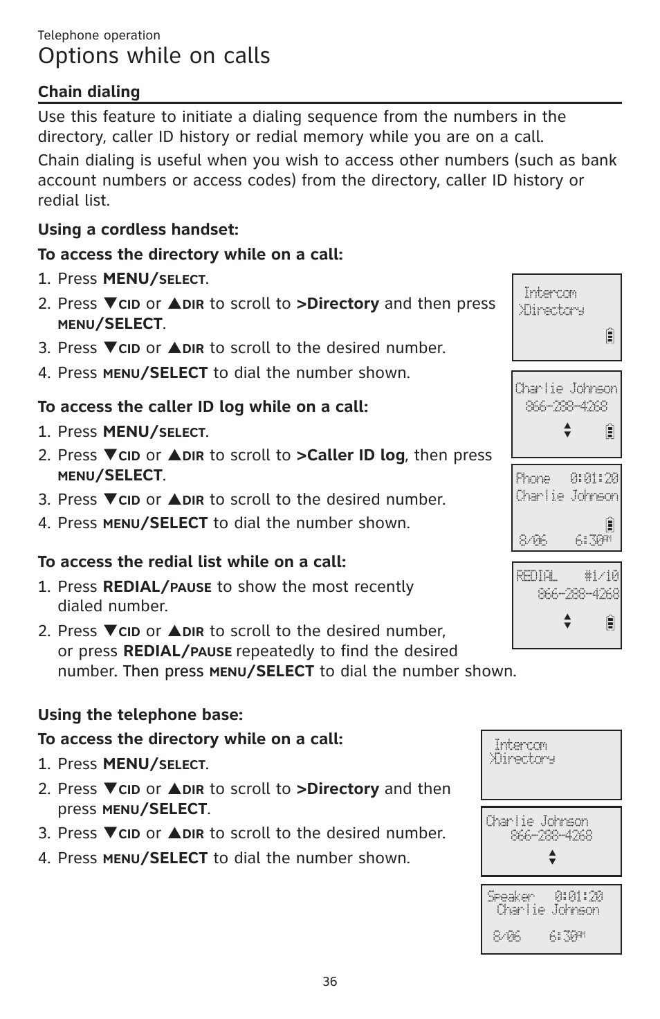 Options while on calls, Press, Elect . 3. press | Elect to dial the number shown | AT&T CL83201 User Manual | Page 42 / 120