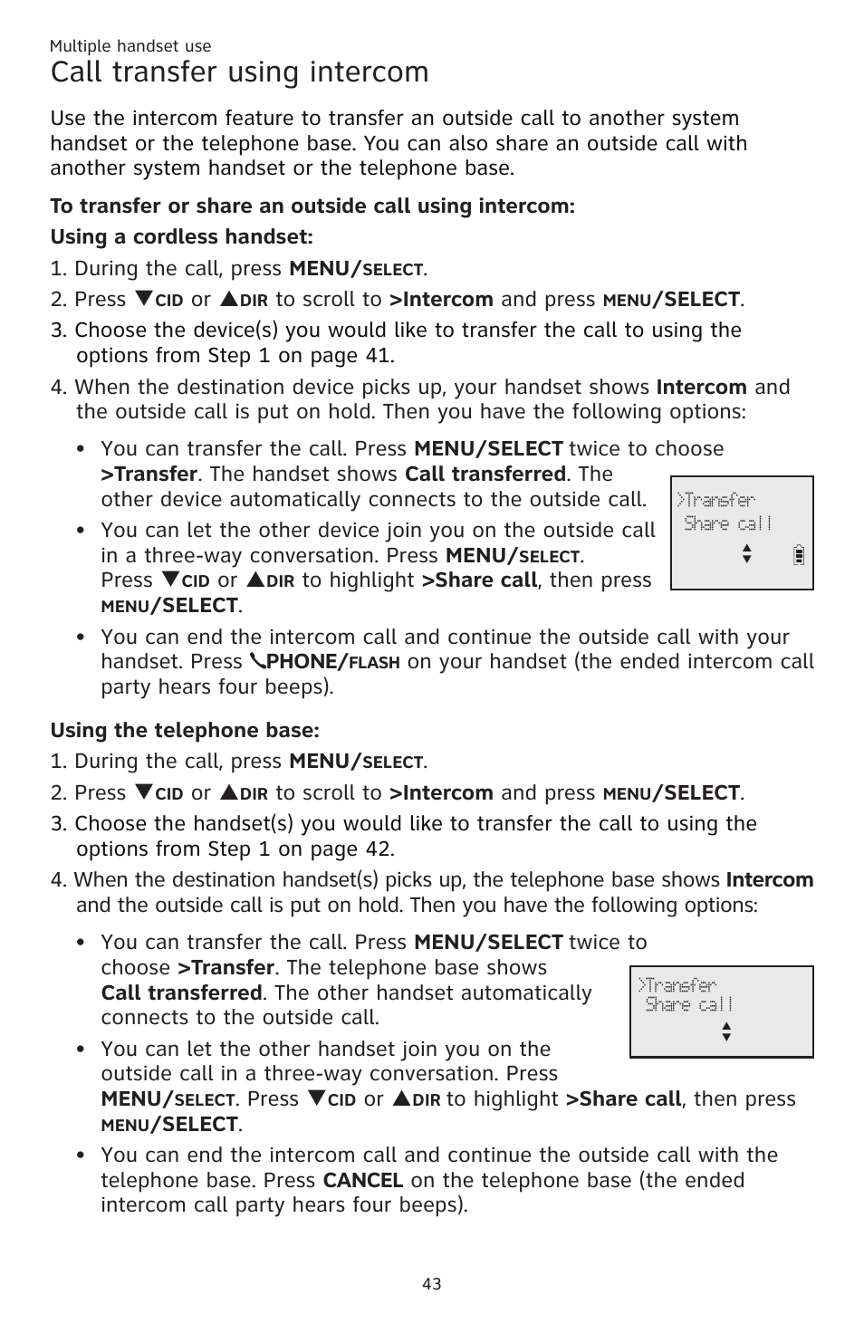 Call transfer using intercom | AT&T CL83201 User Manual | Page 49 / 120