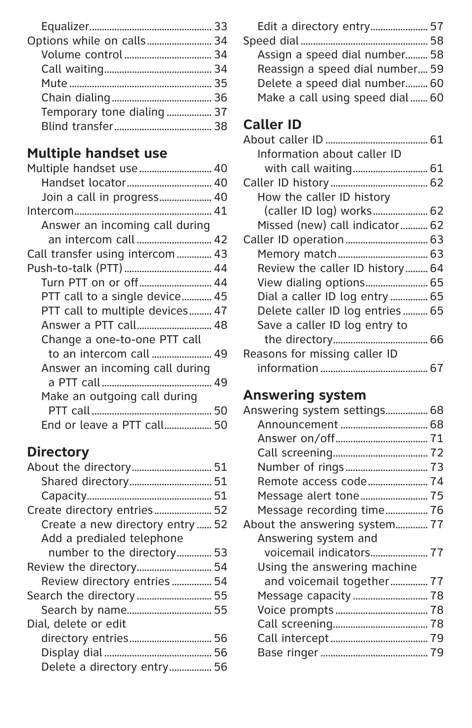 Multiple handset use, Directory, Caller id | Answering system | AT&T CL83201 User Manual | Page 5 / 120