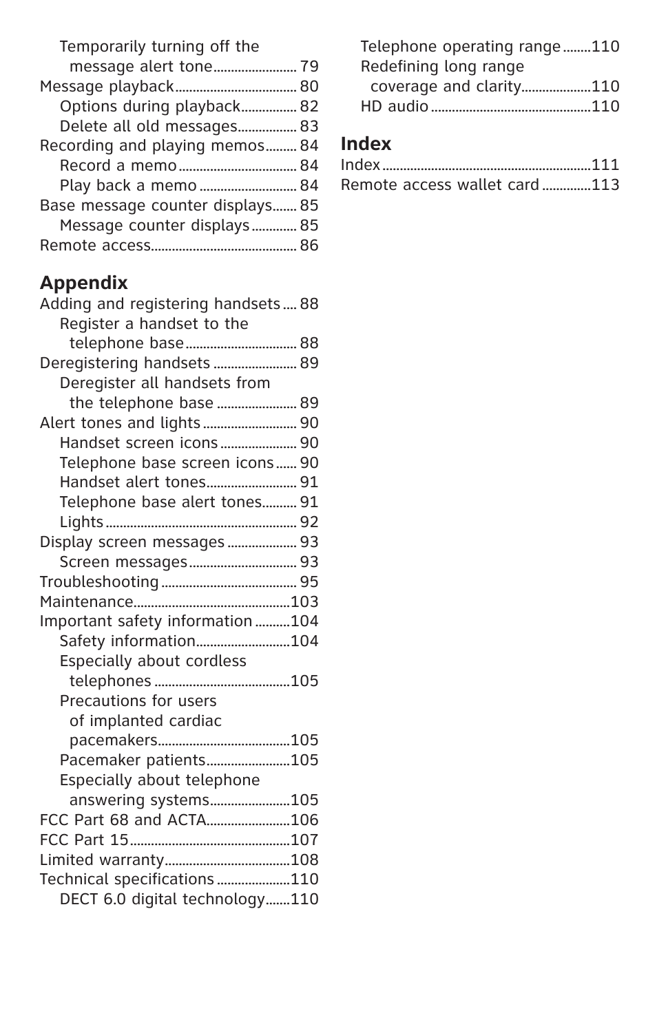 Appendix, Index | AT&T CL83201 User Manual | Page 6 / 120