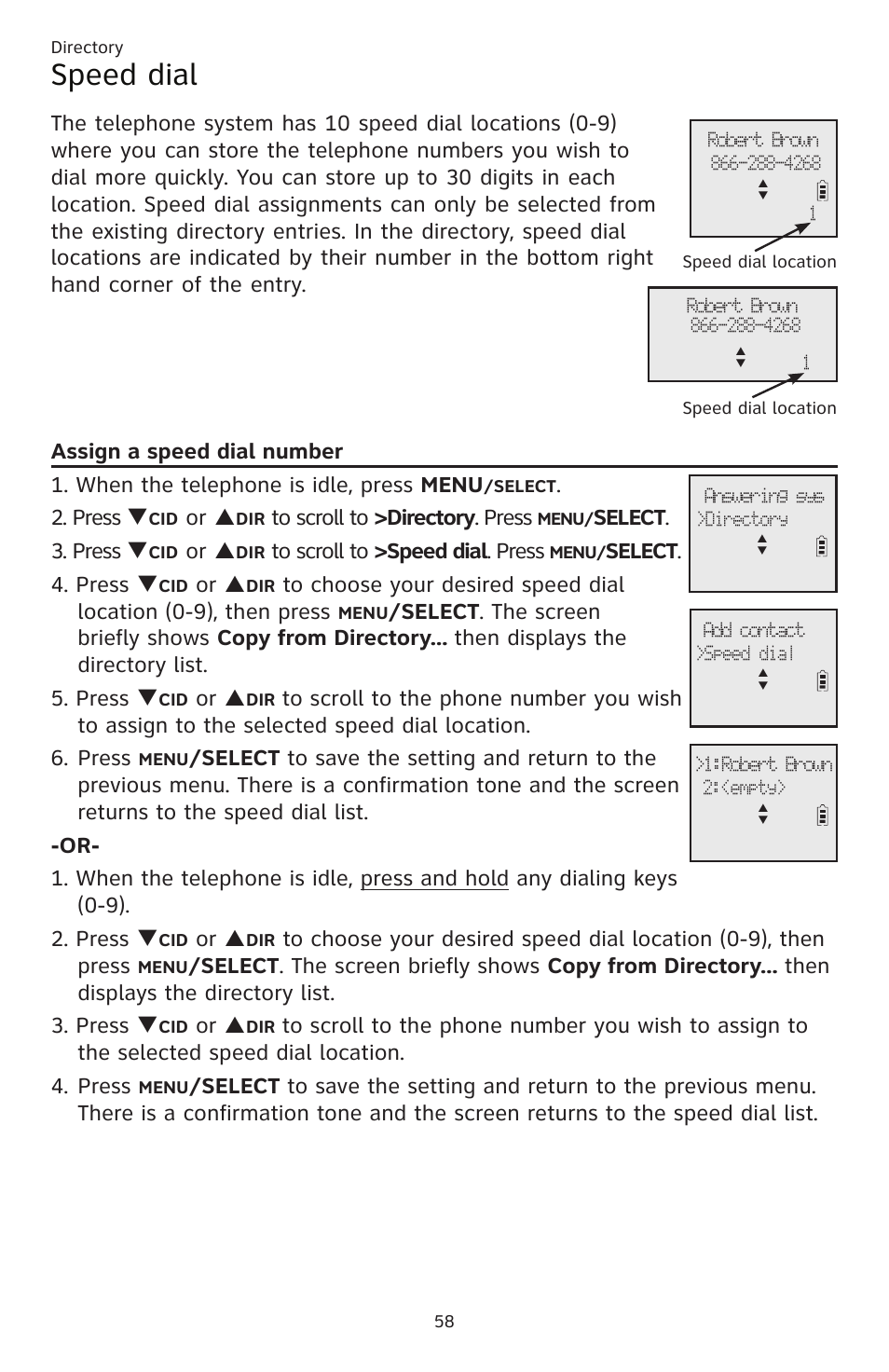 Speed dial, Press q, Or p | Elect . 3. press q, Elect . 4. press q | AT&T CL83201 User Manual | Page 64 / 120