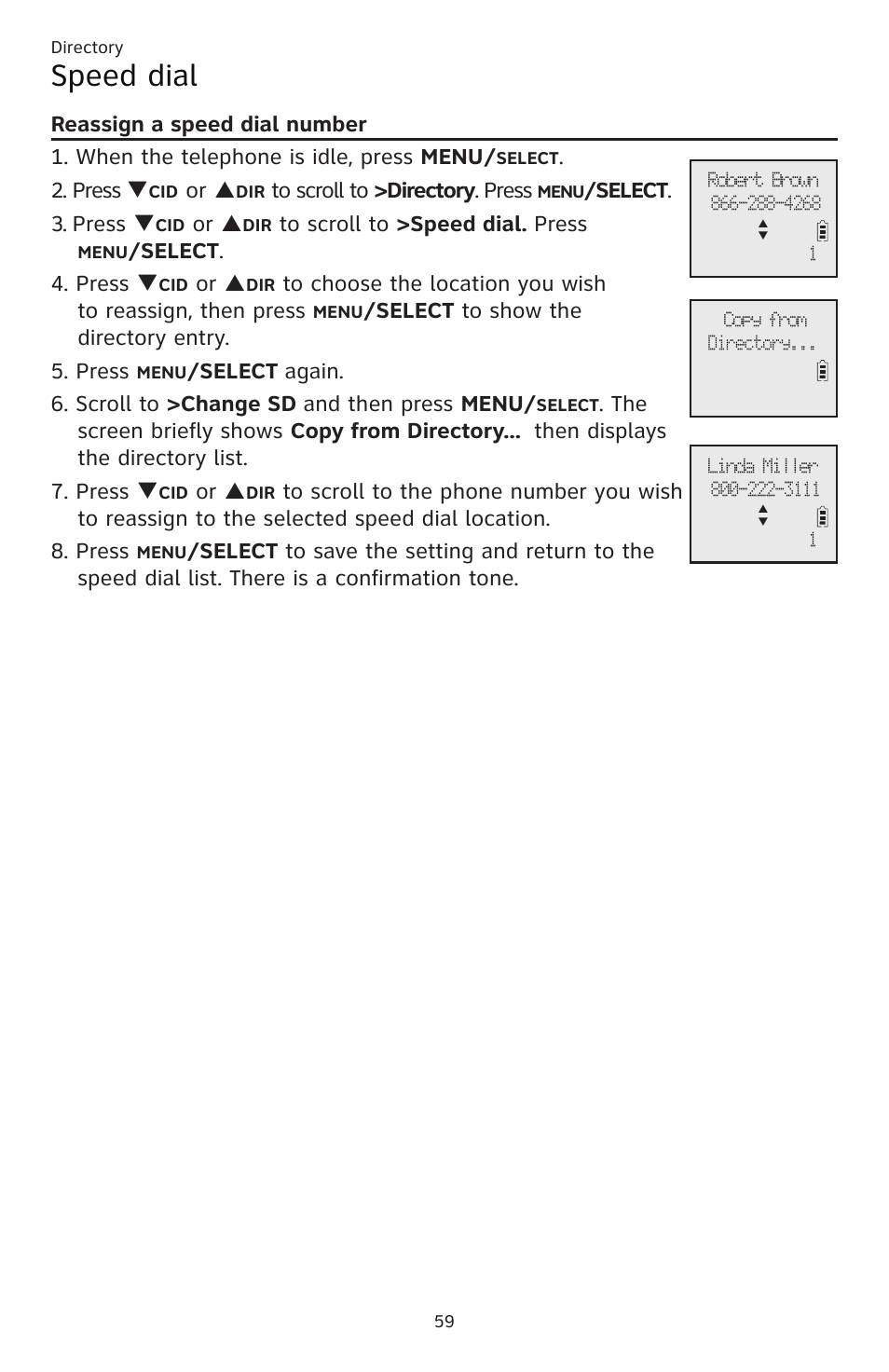 Speed dial, Press q, Or p | Elect . 3. press q, Elect . 4. press q, Elect to show the directory entry. 5. press | AT&T CL83201 User Manual | Page 65 / 120