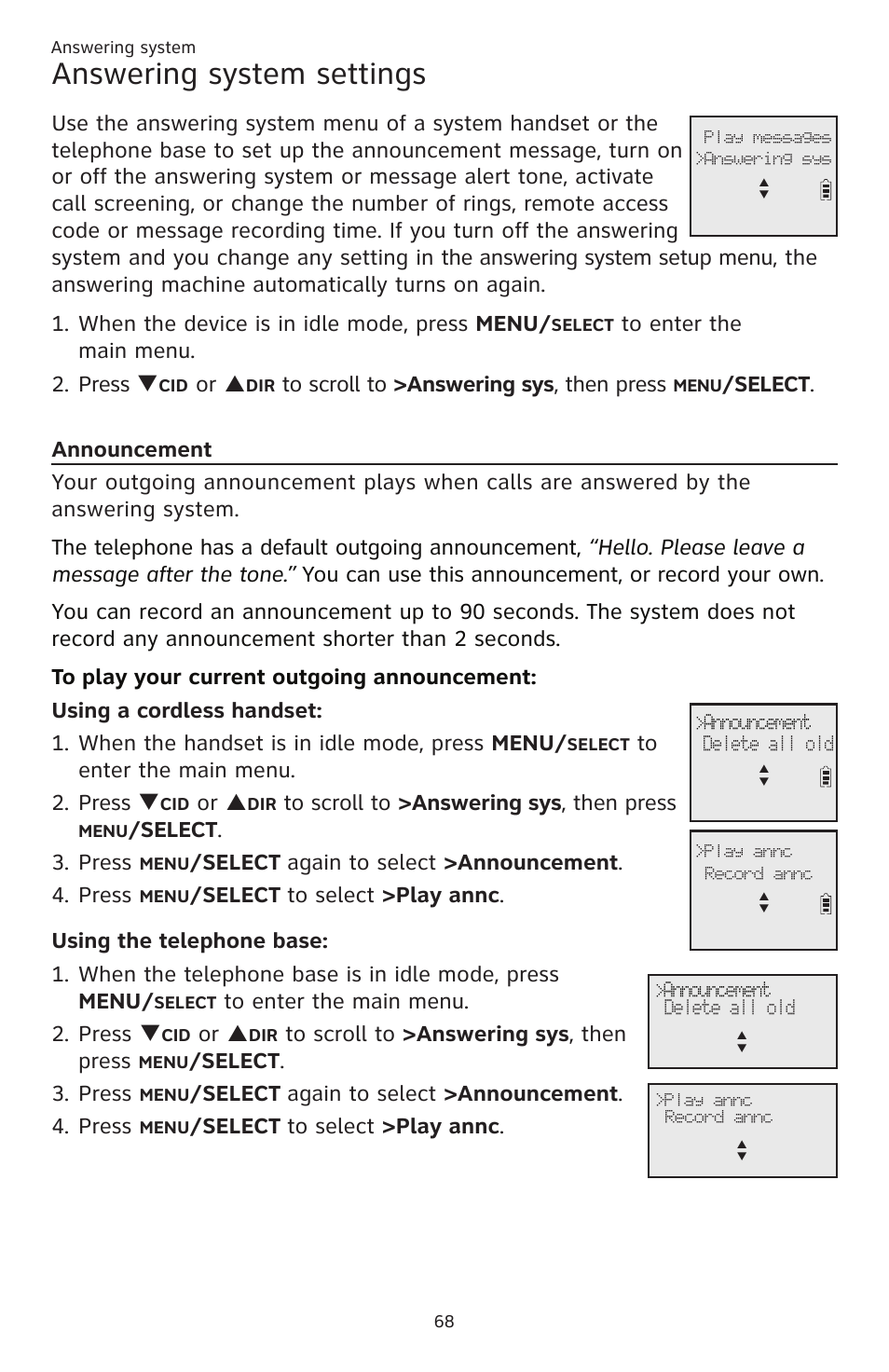 Answering system settings, Or p, Elect . 3. press | Elect again to select >announcement . 4. press, Elect to select >�lay annc | AT&T CL83201 User Manual | Page 74 / 120