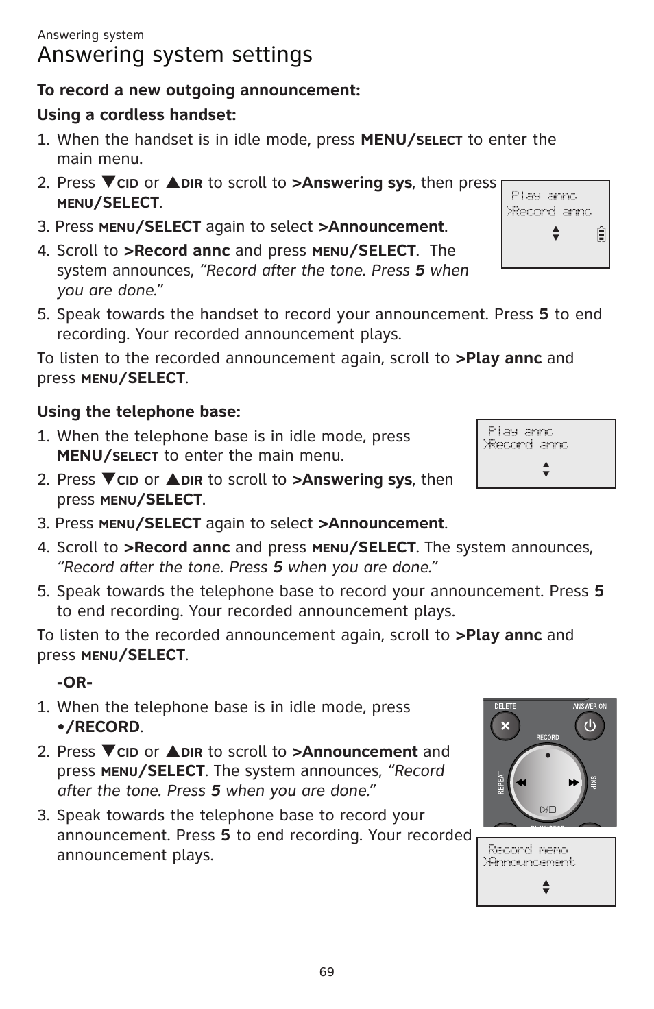 Answering system settings, Or p, Elect . 3. press | AT&T CL83201 User Manual | Page 75 / 120