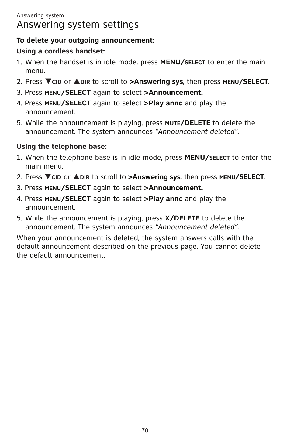 Answering system settings | AT&T CL83201 User Manual | Page 76 / 120