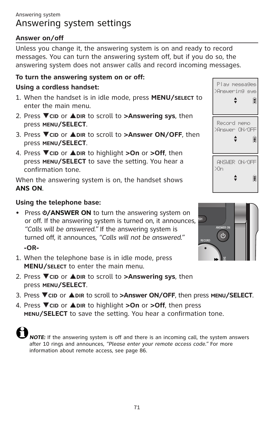 Answering system settings, Or p, Elect . 3. press q | Elect . 4. press q | AT&T CL83201 User Manual | Page 77 / 120