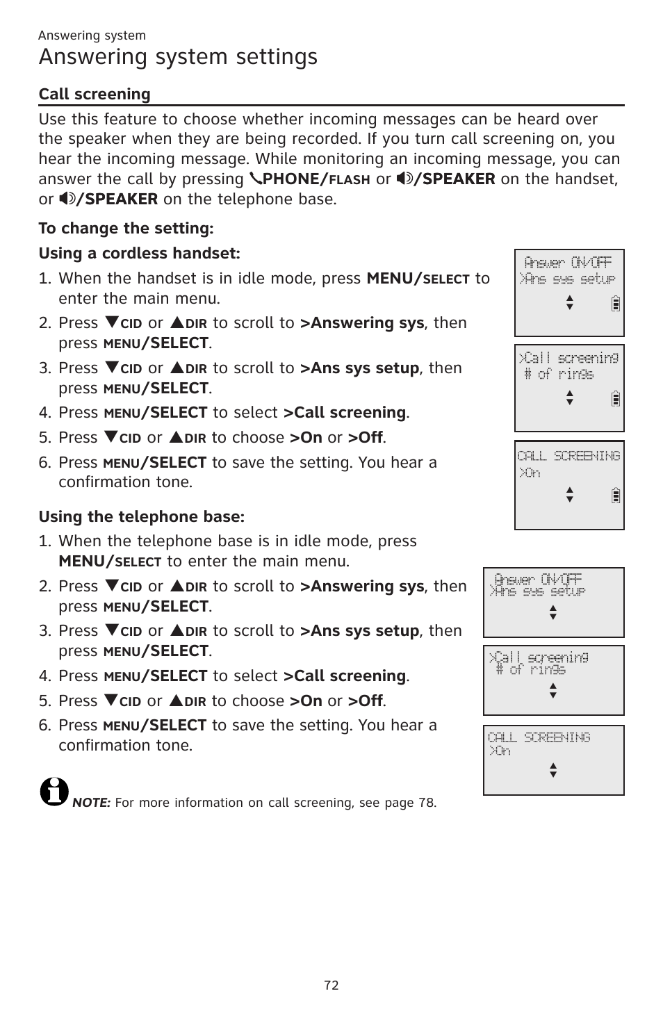 Answering system settings, Or p, Elect . 3. press q | Elect . 4. press, Elect to select >call screening . 5. press q | AT&T CL83201 User Manual | Page 78 / 120