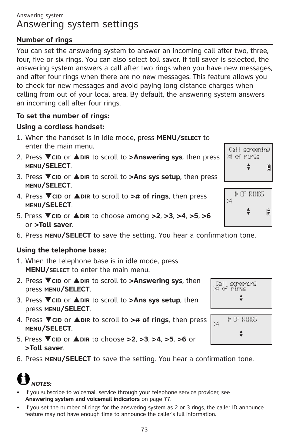 Answering system settings, Or p, Elect . 3. press q | Elect . 4. press q, Elect . 5. press q | AT&T CL83201 User Manual | Page 79 / 120