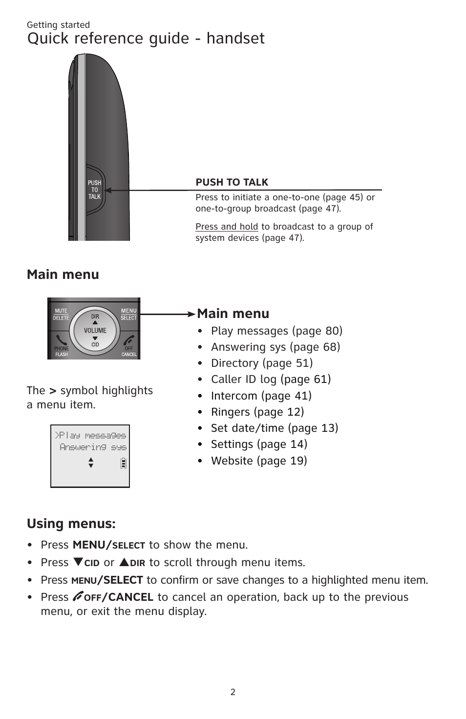 Quick reference guide - handset, Main menu, Using menus | AT&T CL83201 User Manual | Page 8 / 120