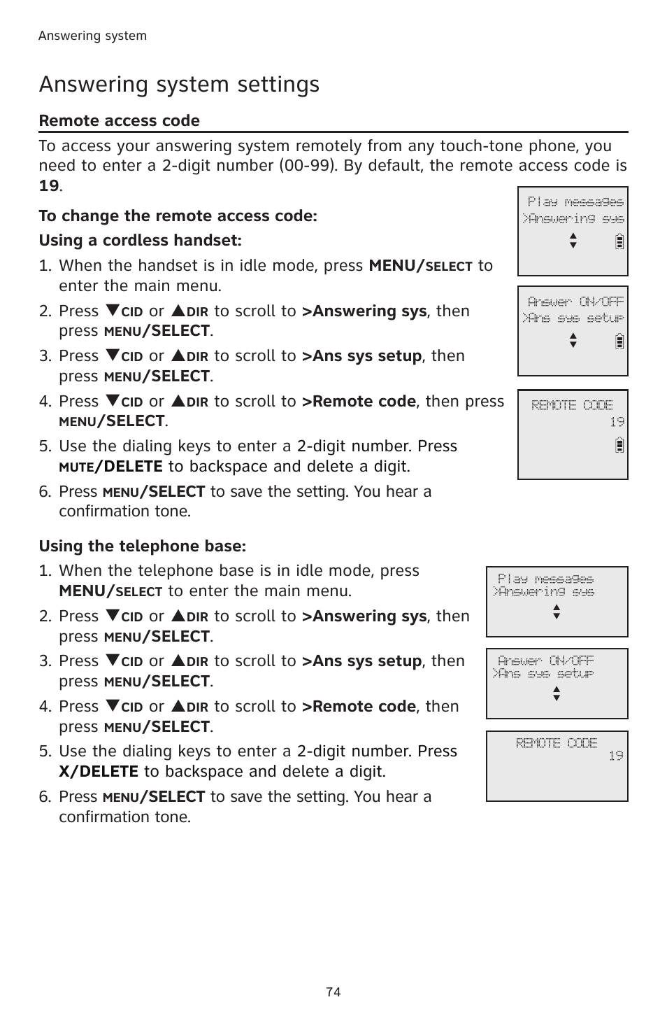 Answering system settings, Or p, Elect . 3. press q | Elect . 4. press q, Delete to backspace and delete a digit. 6. press | AT&T CL83201 User Manual | Page 80 / 120