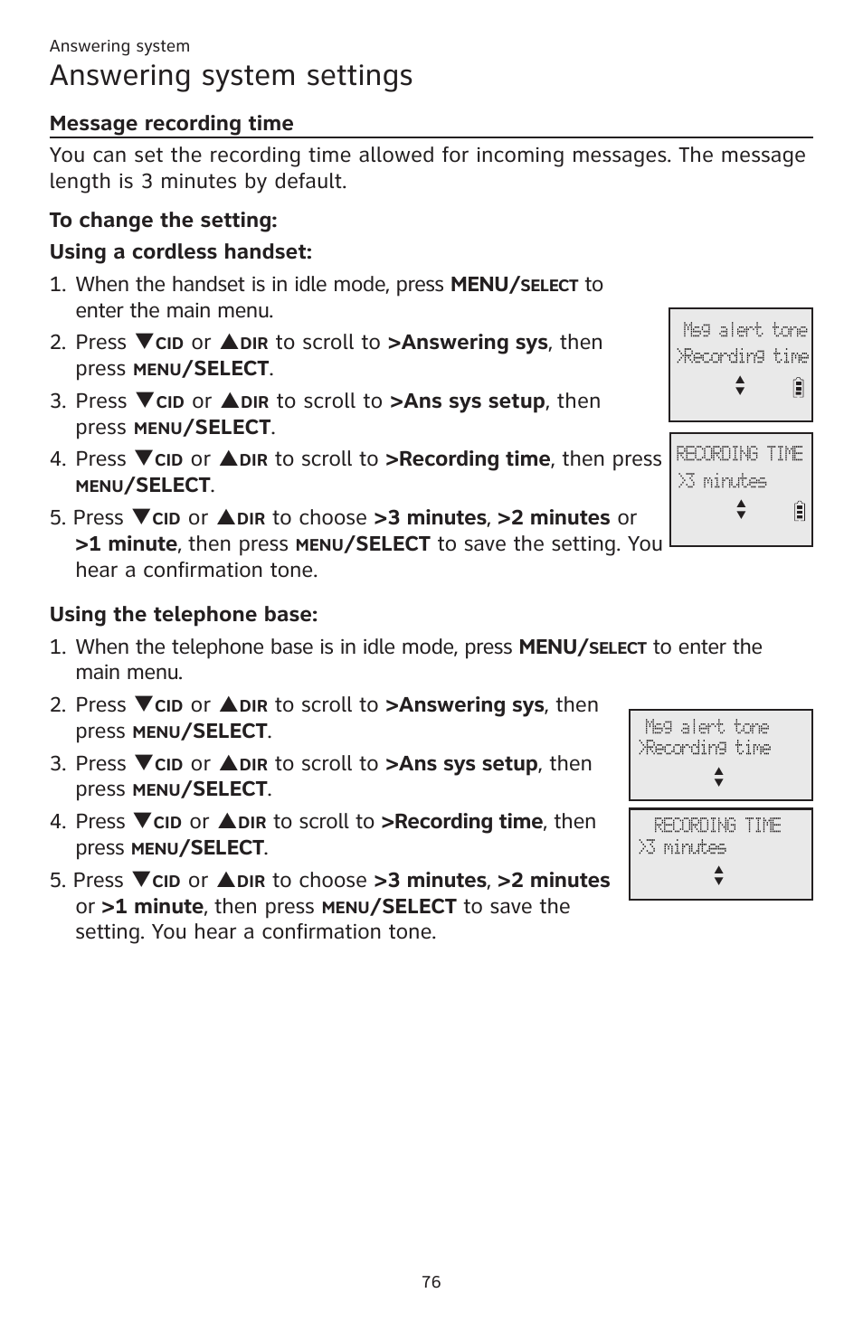 Answering system settings, Or p, Elect . 3. press q | Elect . 4. press q, Elect . 5. press q | AT&T CL83201 User Manual | Page 82 / 120