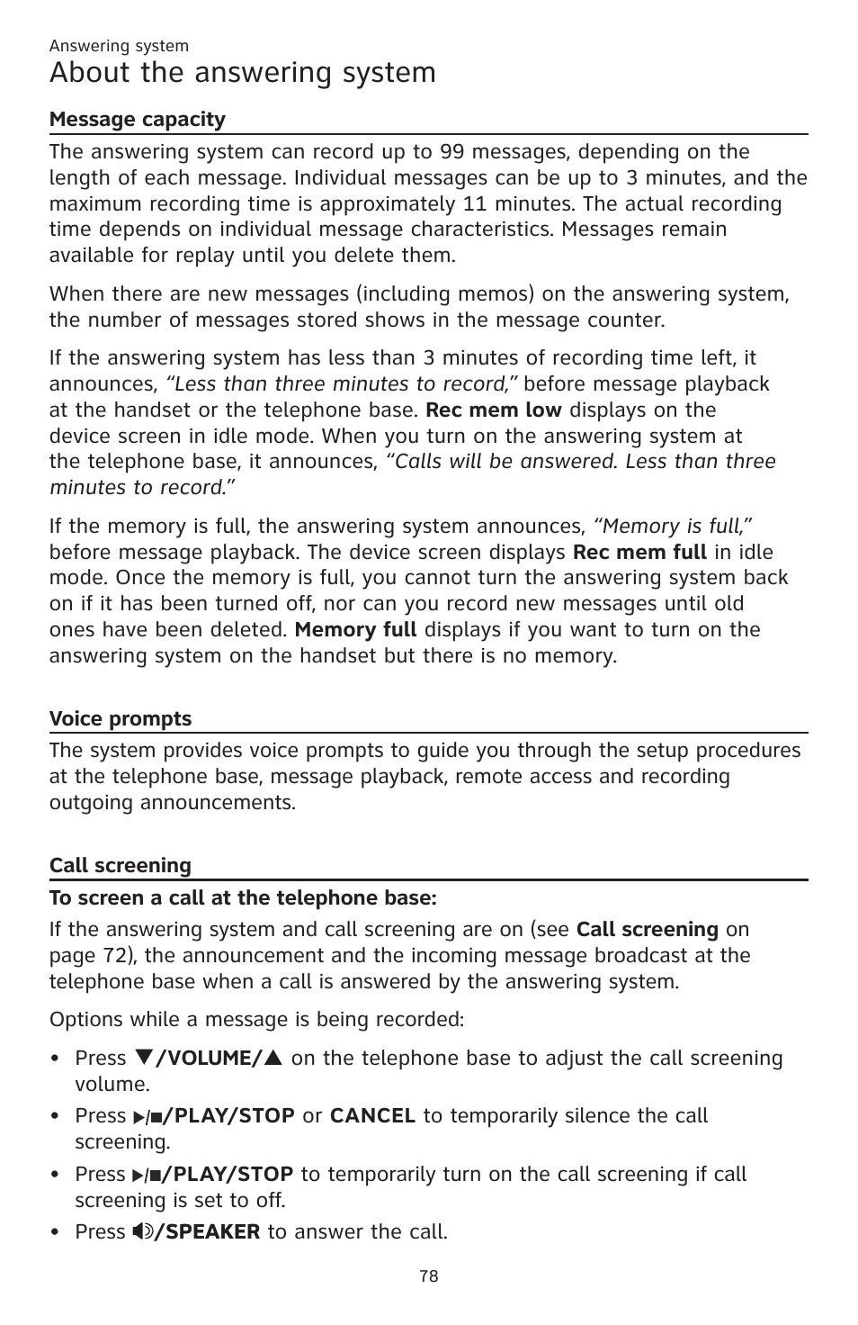 About the answering system | AT&T CL83201 User Manual | Page 84 / 120