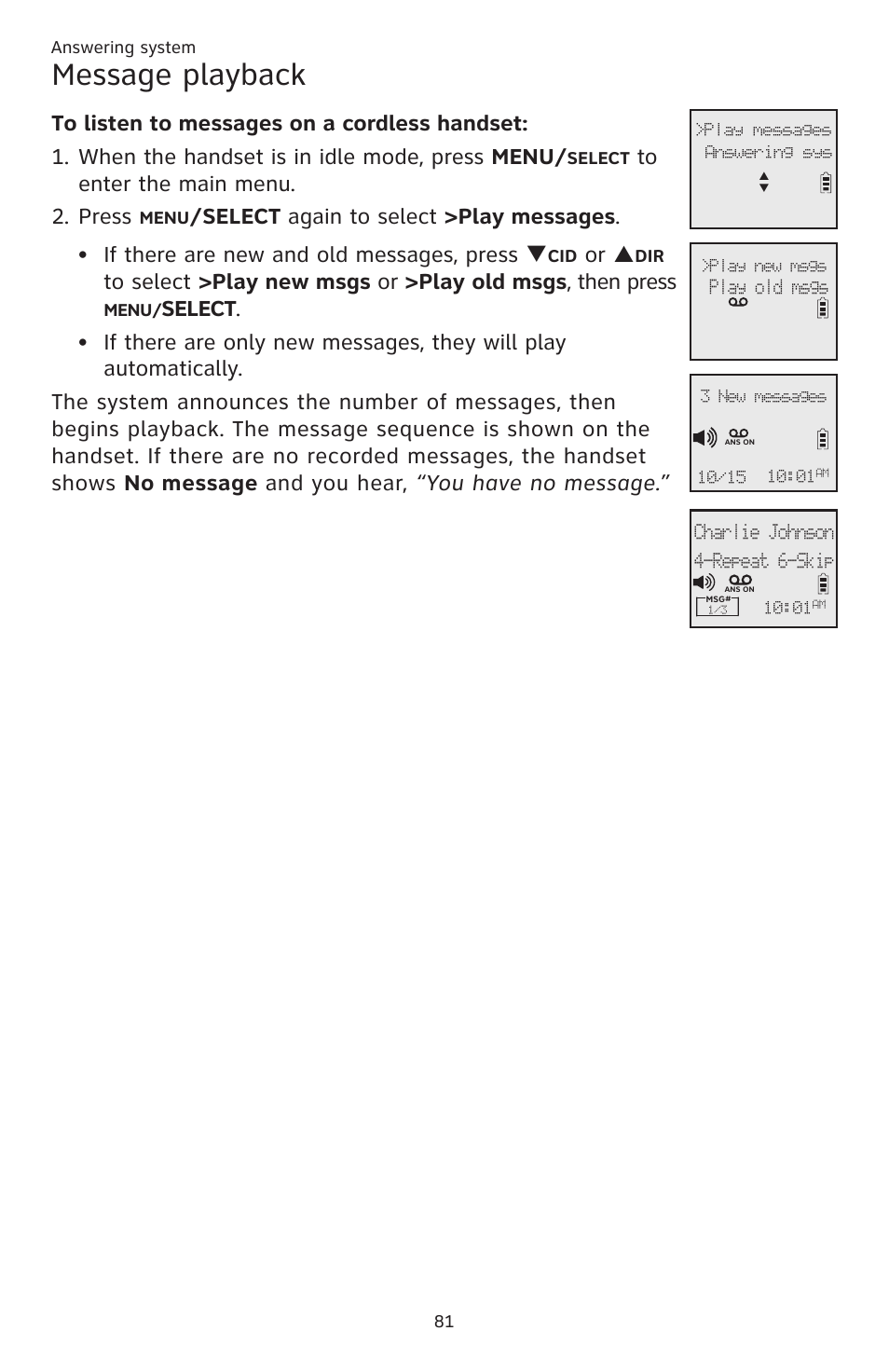 Message playback, Or p | AT&T CL83201 User Manual | Page 87 / 120