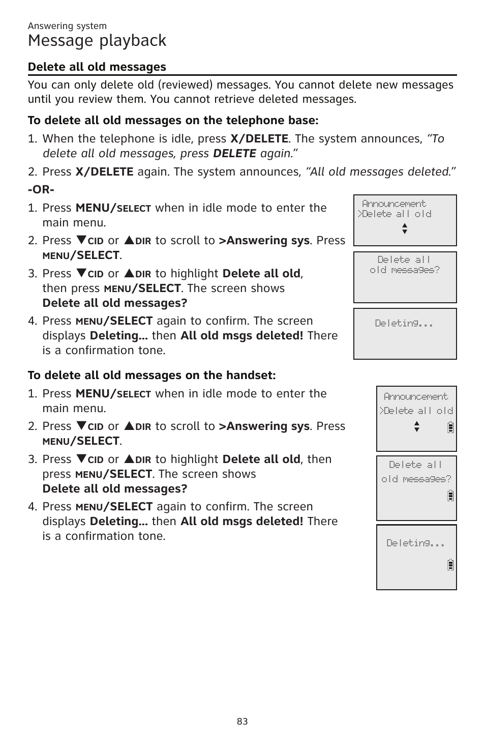 Message playback, Delete all old messages, Or p | Elect . 3. press q | AT&T CL83201 User Manual | Page 89 / 120