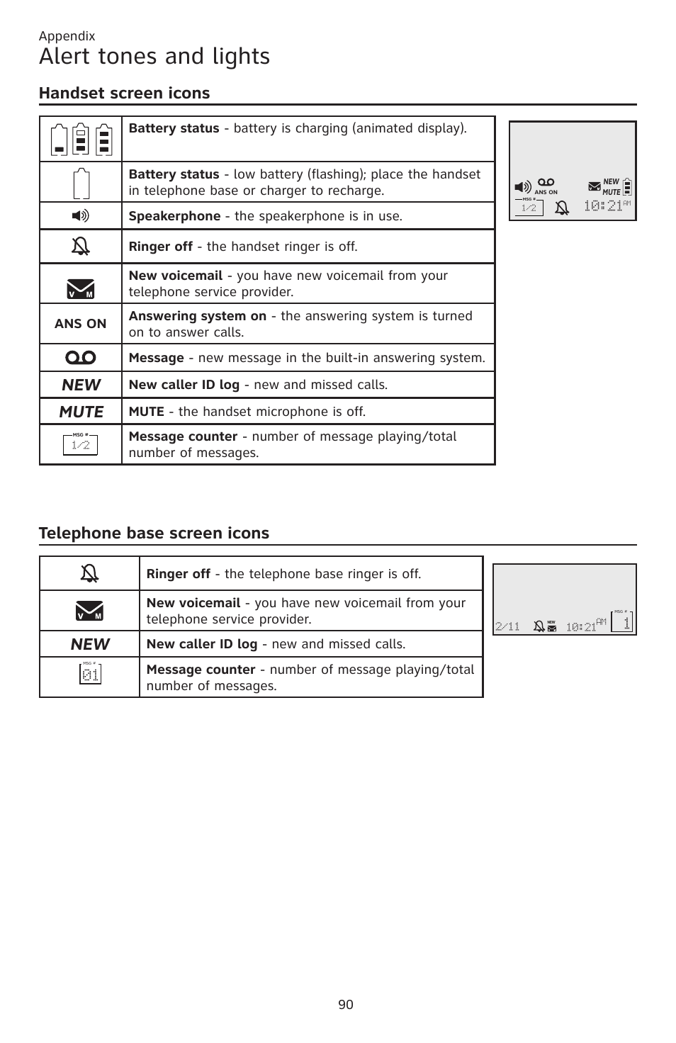 Alert tones and lights, Handset screen icons, Mute | Telephone base screen icons | AT&T CL83201 User Manual | Page 96 / 120