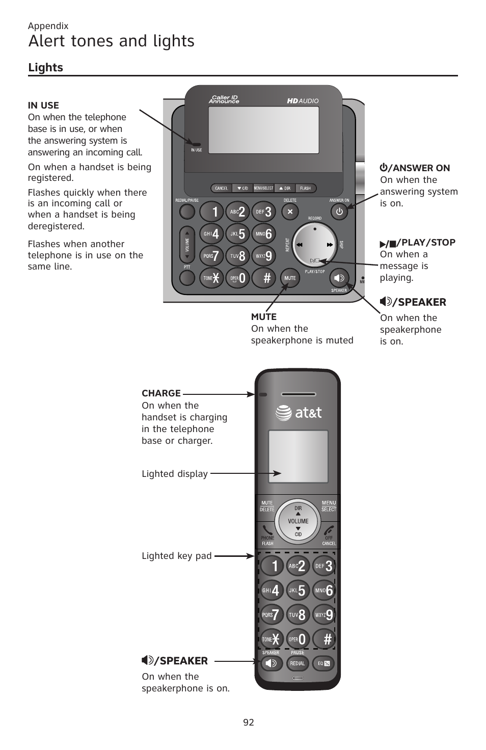 Alert tones and lights, Lights | AT&T CL83201 User Manual | Page 98 / 120