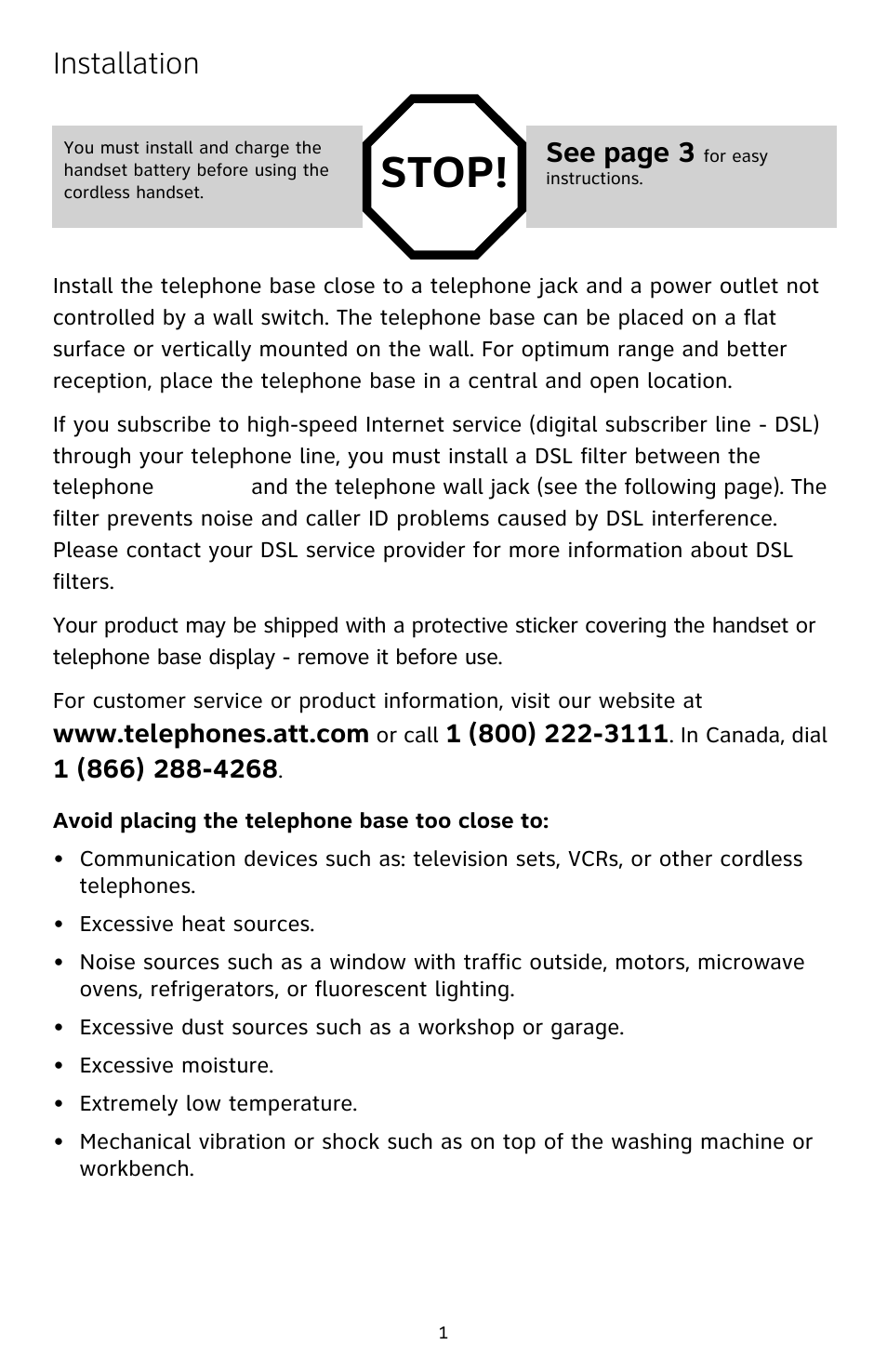 Installation, Stop, See page 3 | AT&T DECT CL82609 User Manual | Page 2 / 9