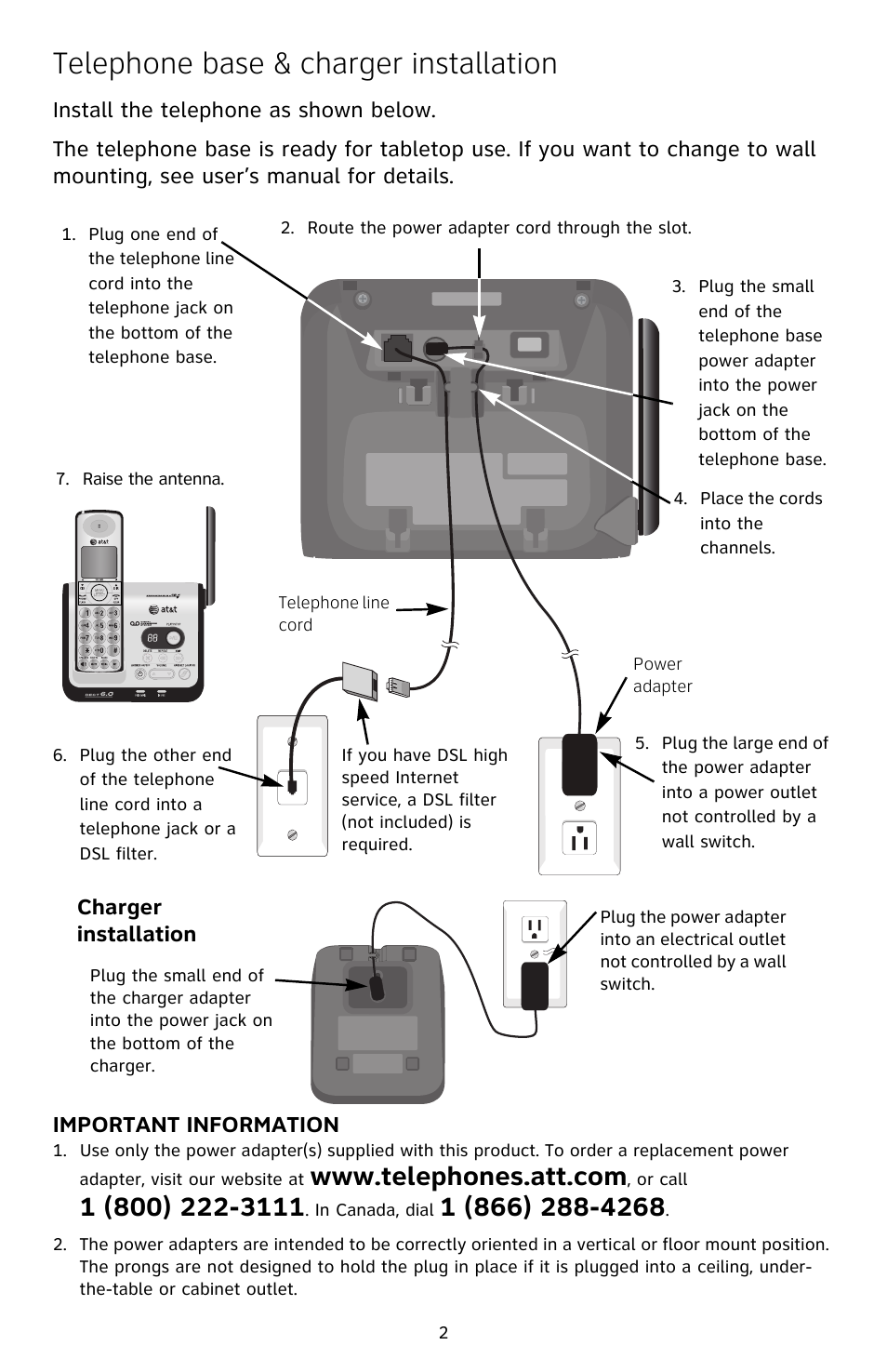 Telephone base & charger installation | AT&T DECT CL82609 User Manual | Page 3 / 9