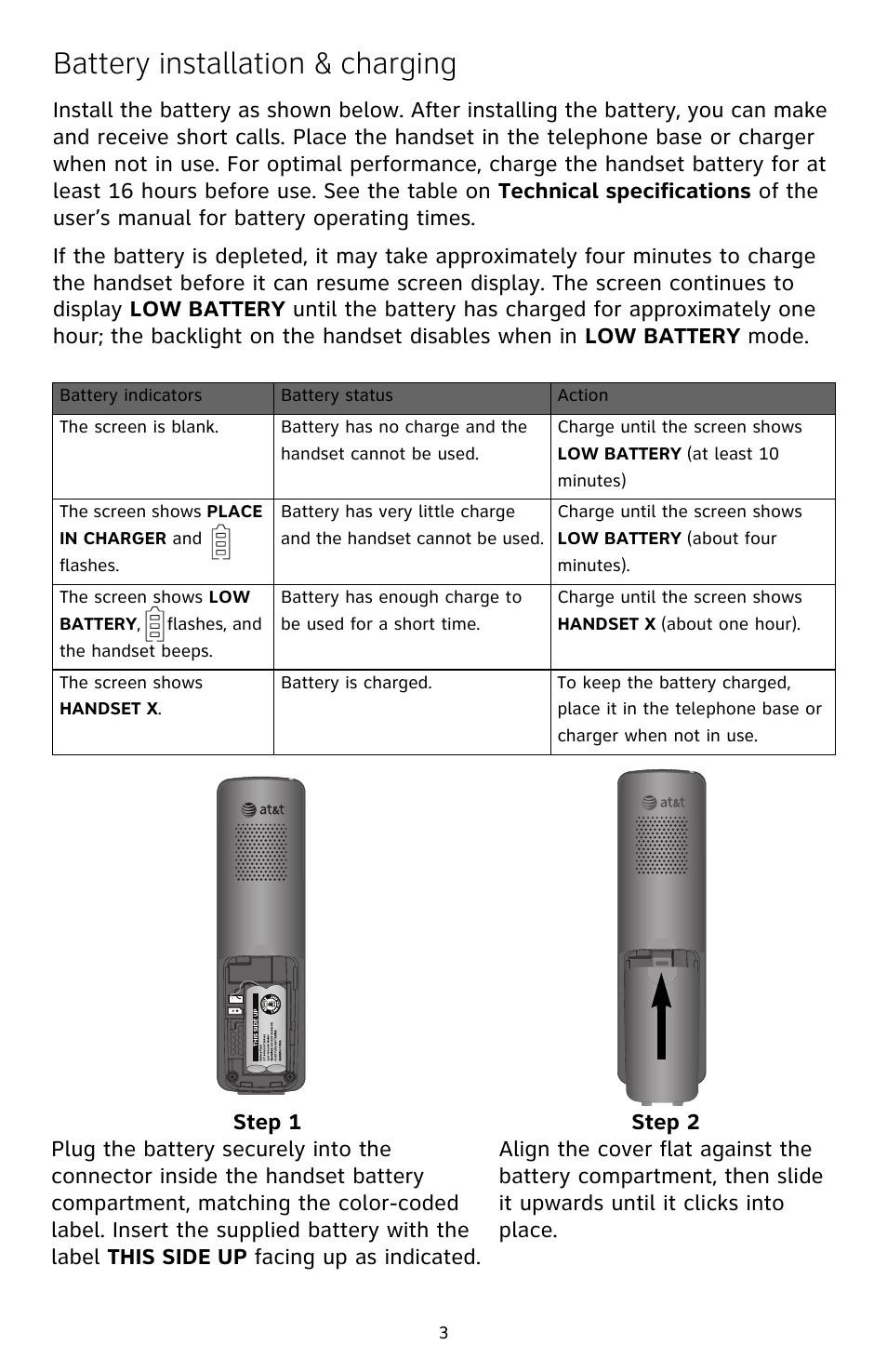 Battery installation & charging | AT&T DECT CL82609 User Manual | Page 4 / 9