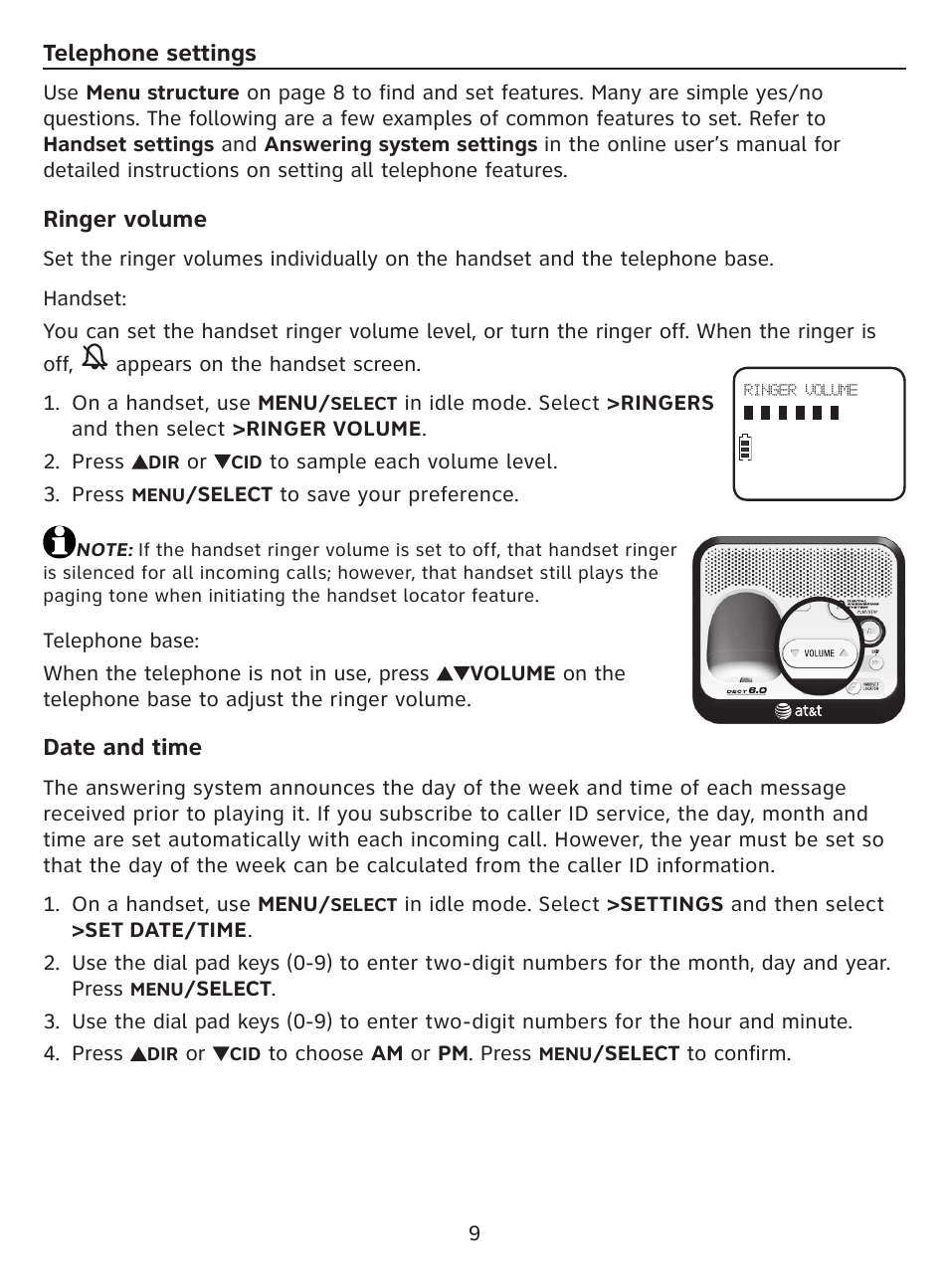 Telephone settings, Ringer volume, Date and time | AT&T DECT EL52100 User Manual | Page 10 / 30