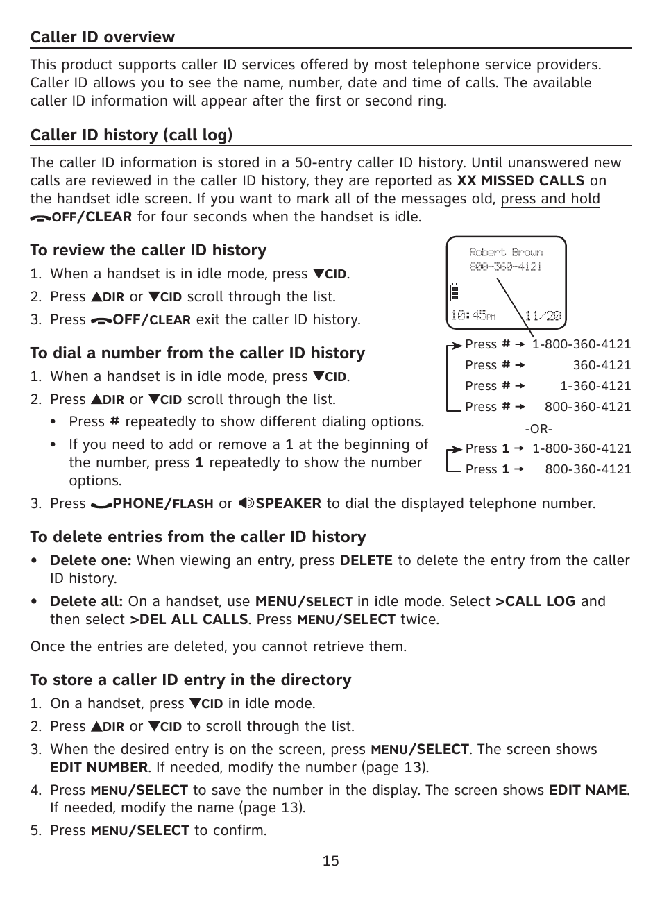 Caller id overview, Caller id history (call log) | AT&T DECT EL52100 User Manual | Page 16 / 30