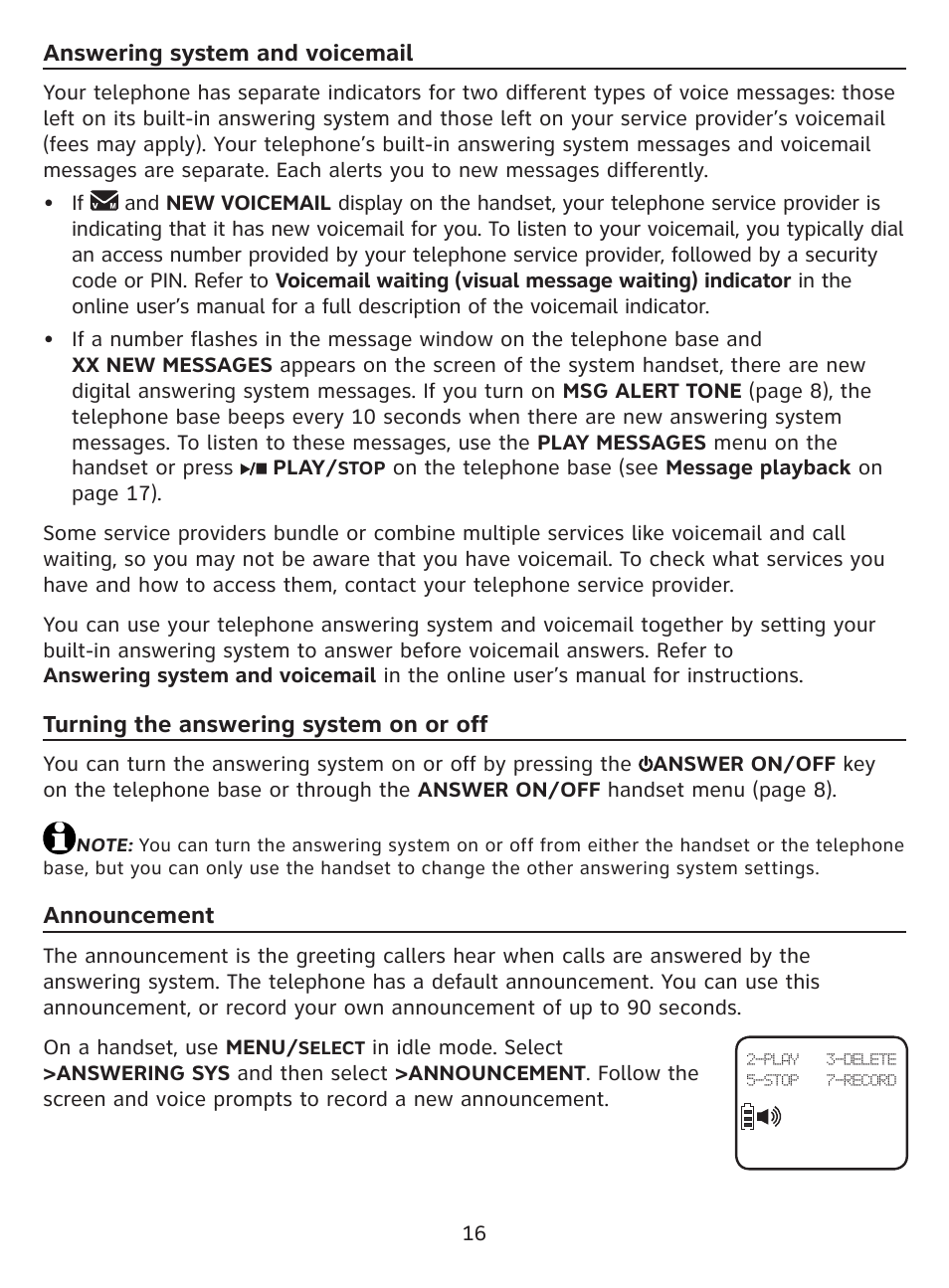 Answering system and voicemail, Turning the answering system on or off, Announcement | AT&T DECT EL52100 User Manual | Page 17 / 30