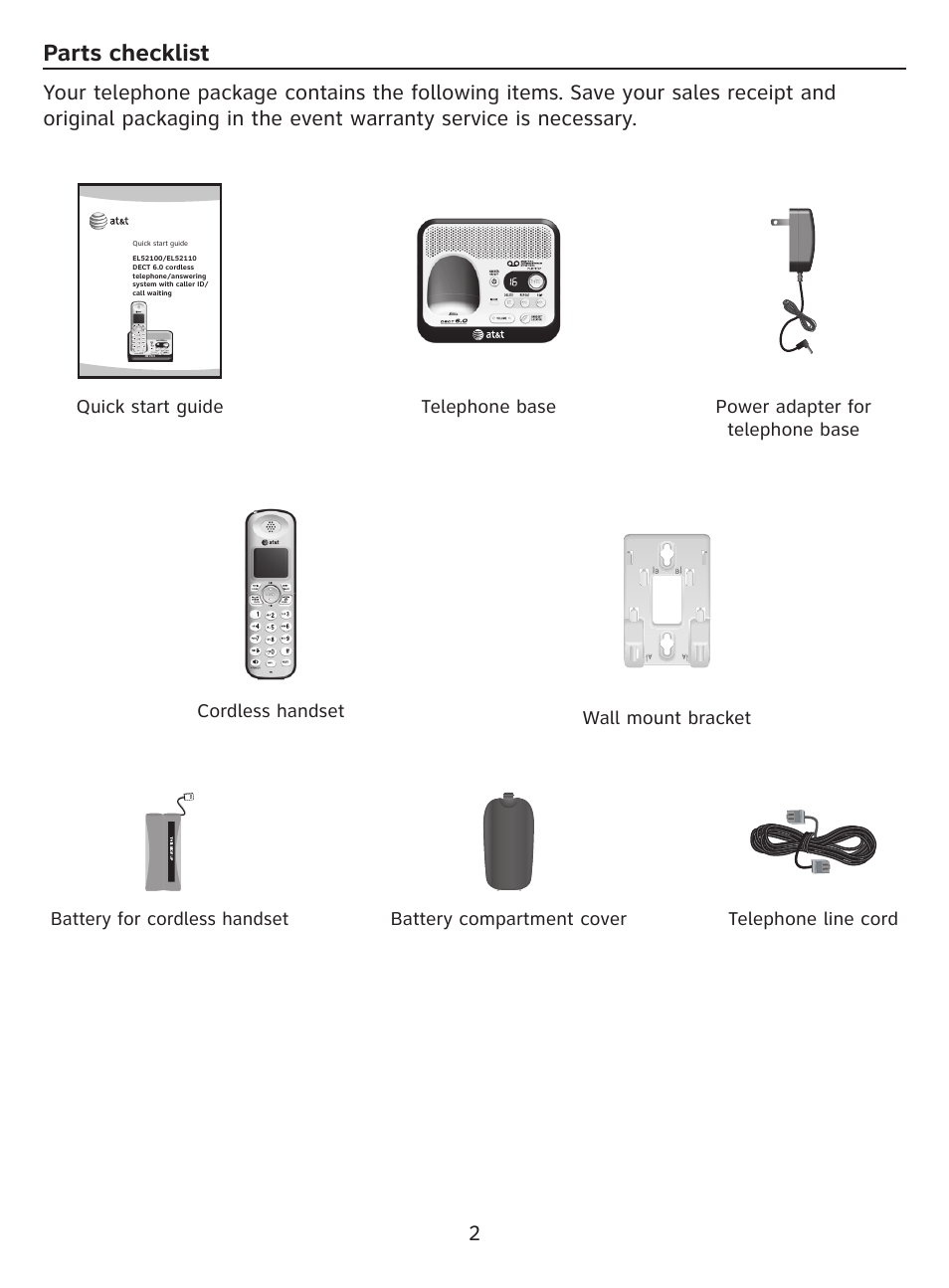 Parts checklist | AT&T DECT EL52100 User Manual | Page 3 / 30
