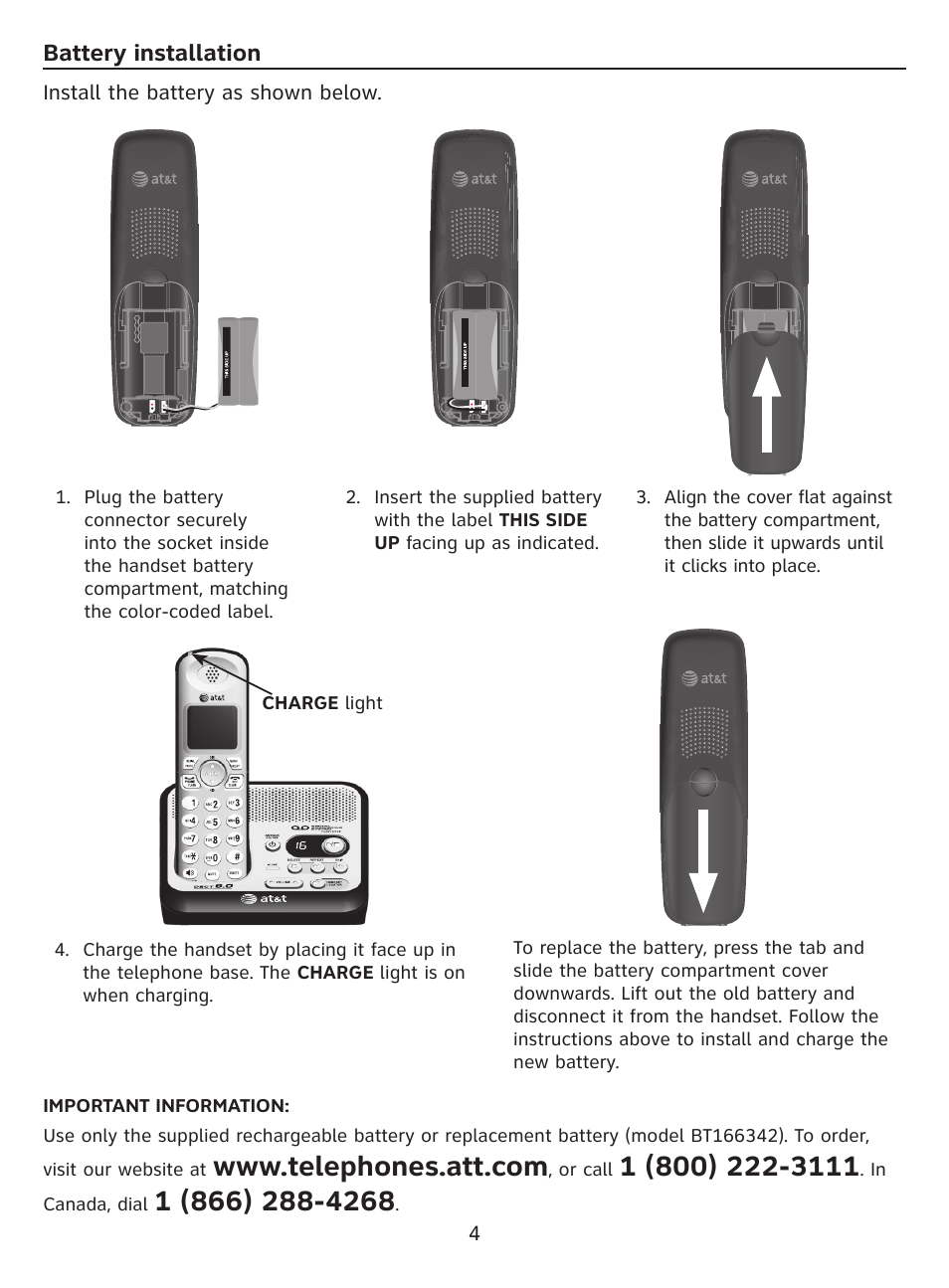 Battery installation | AT&T DECT EL52100 User Manual | Page 5 / 30