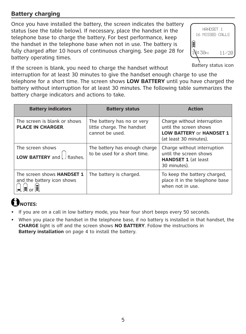 Battery charging | AT&T DECT EL52100 User Manual | Page 6 / 30