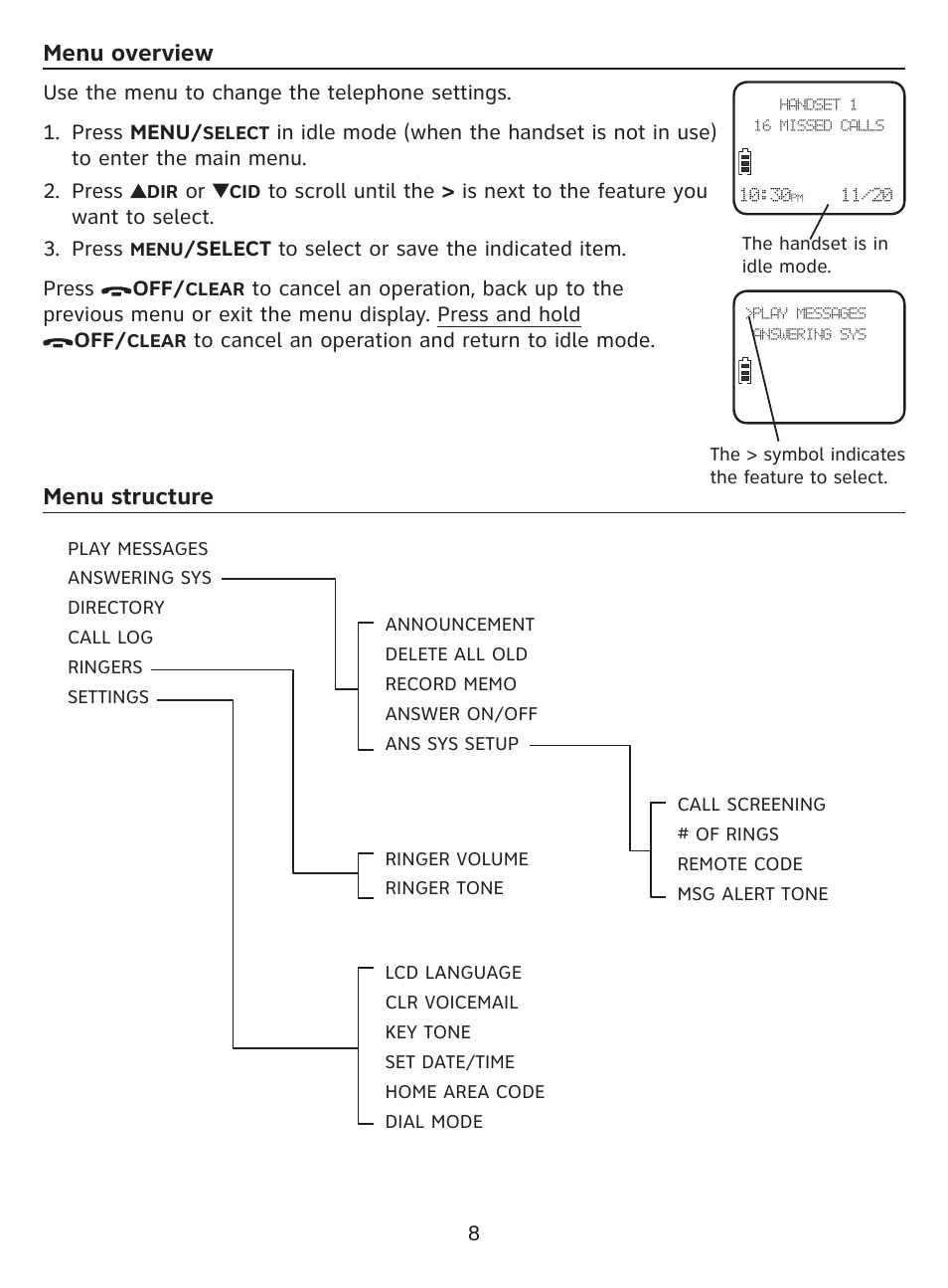 Menu overview, Menu structure | AT&T DECT EL52100 User Manual | Page 9 / 30