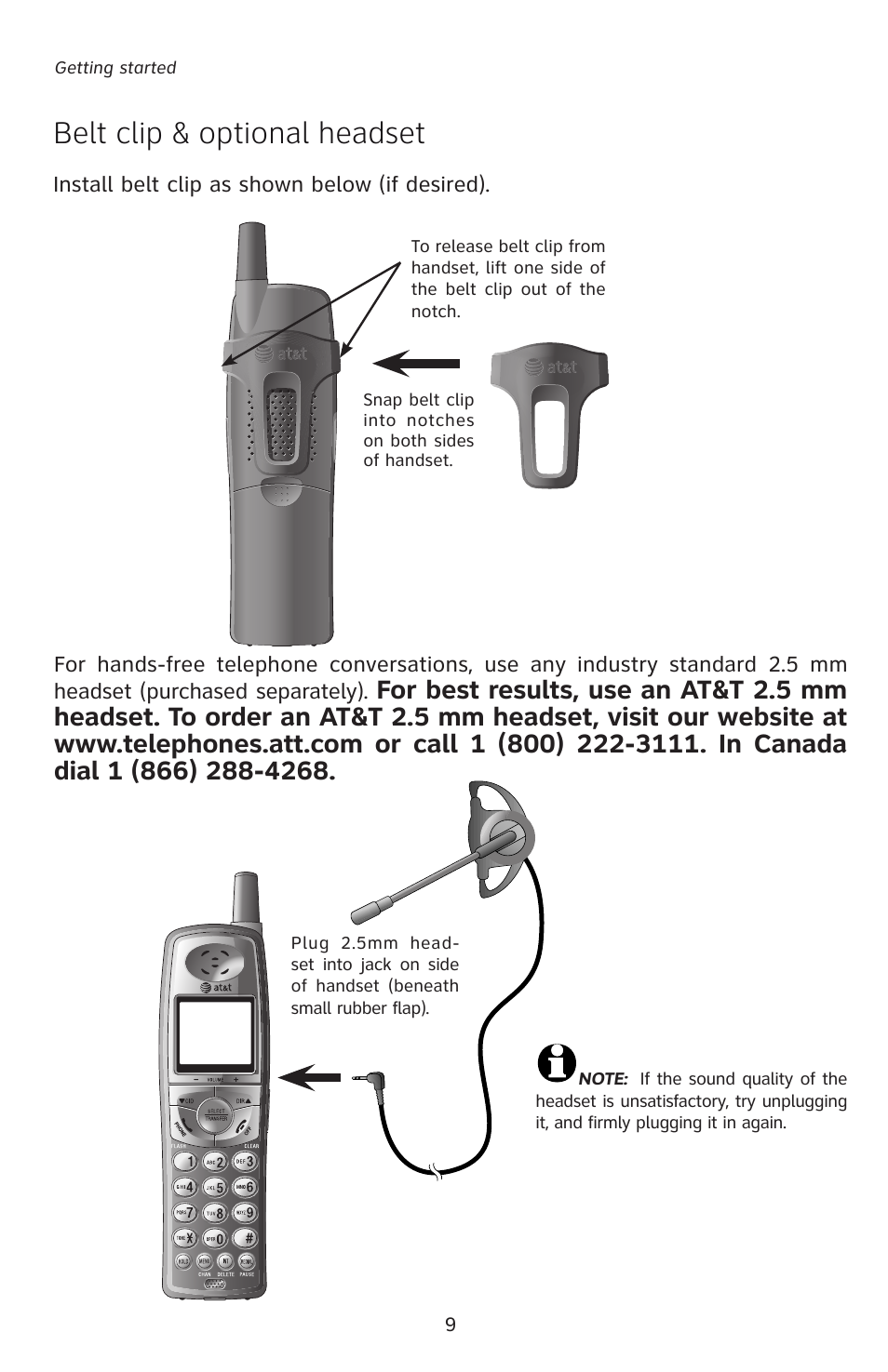 Belt clip & optional headset t | AT&T E5828B User Manual | Page 12 / 72