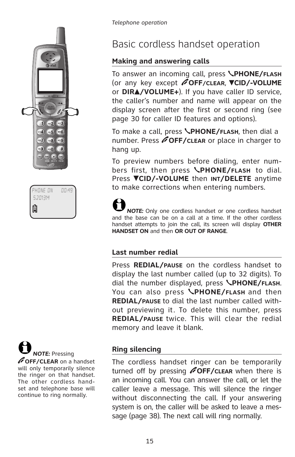Basic cordless handset operation | AT&T E5828B User Manual | Page 18 / 72
