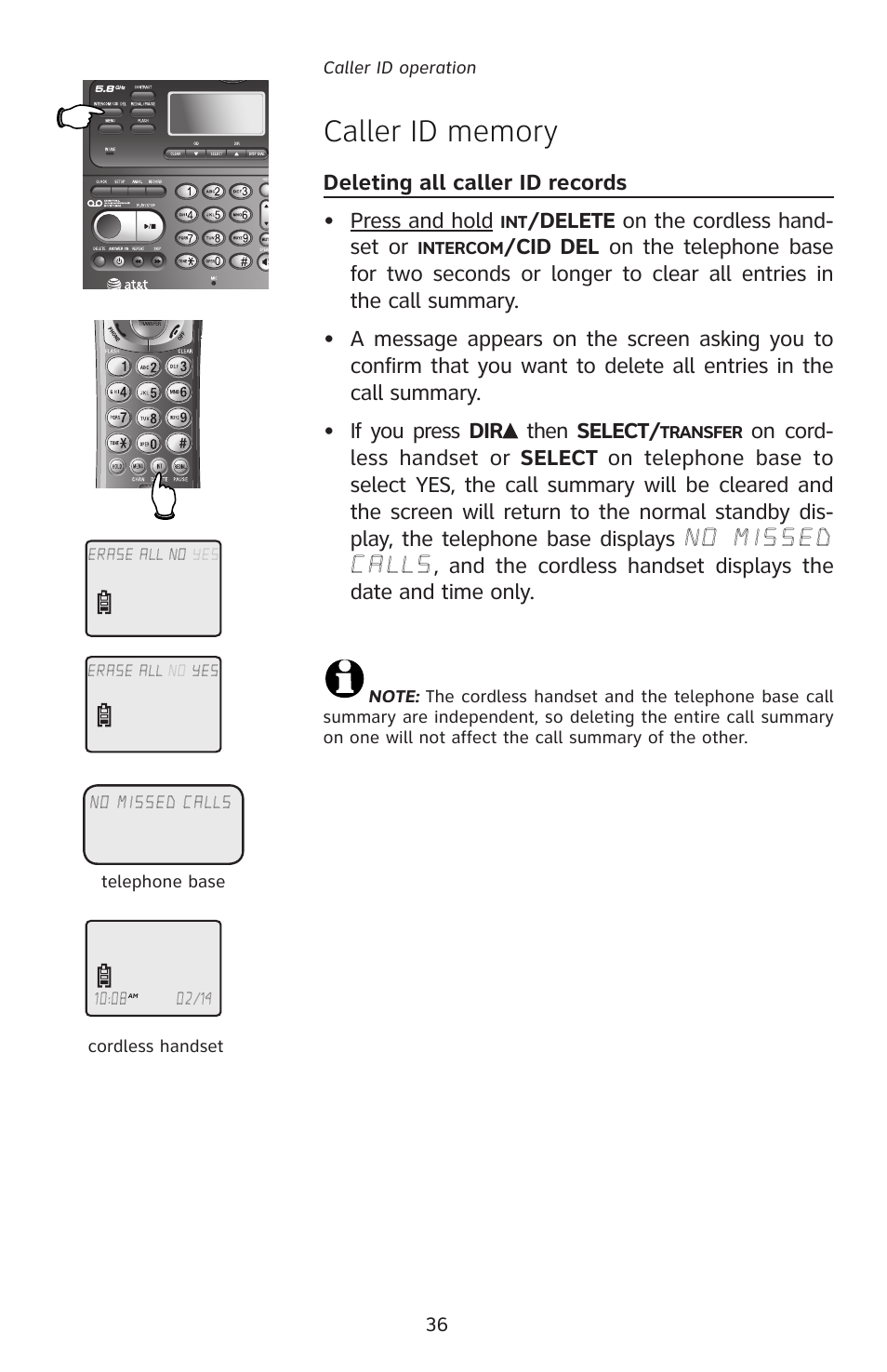 Deleting all caller id records • press and hold, Delete on the cordless hand- set or | AT&T E5828B User Manual | Page 39 / 72