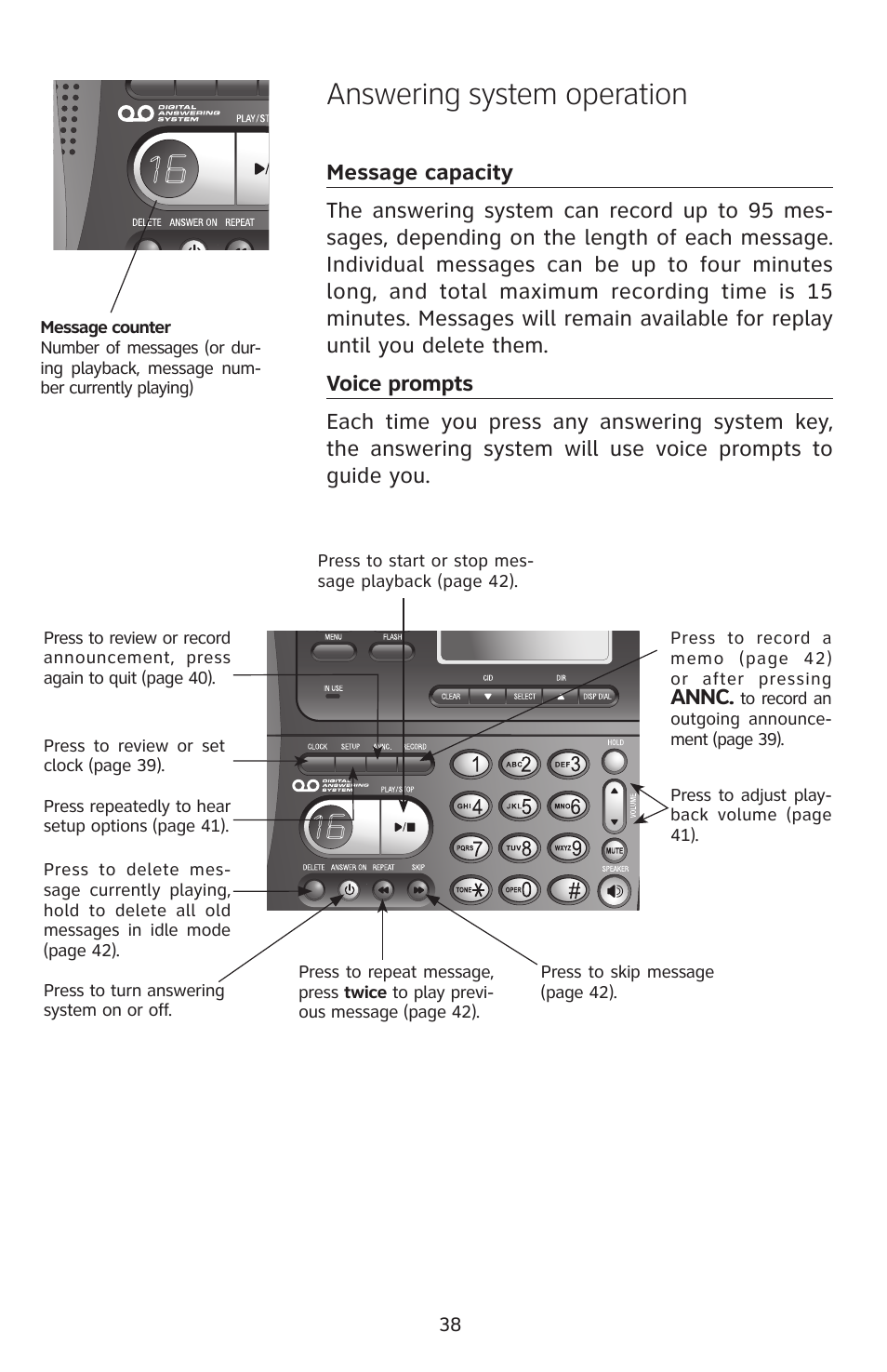 Answering system operation, Annc | AT&T E5828B User Manual | Page 41 / 72