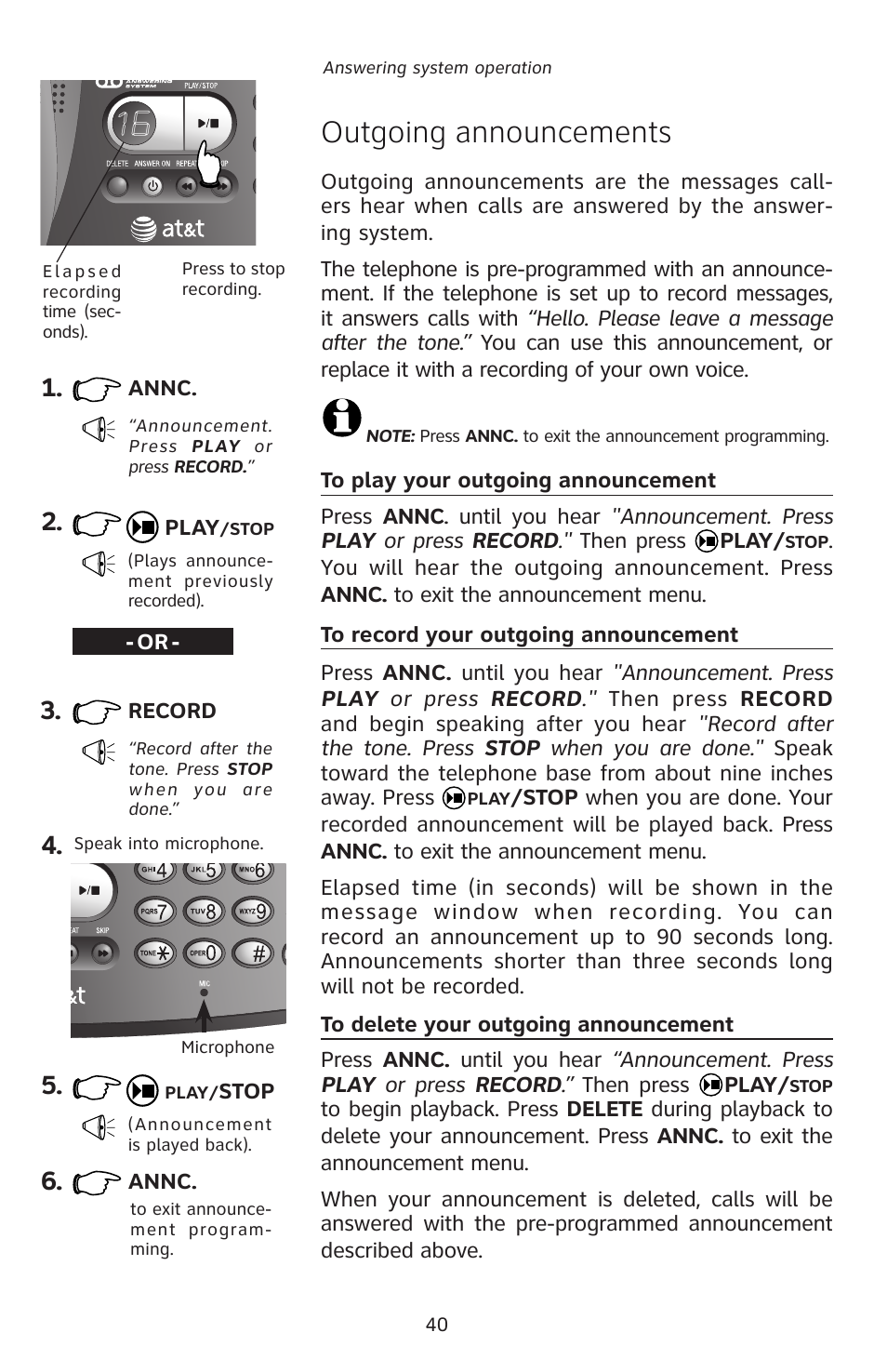 Outgoing announcements | AT&T E5828B User Manual | Page 43 / 72