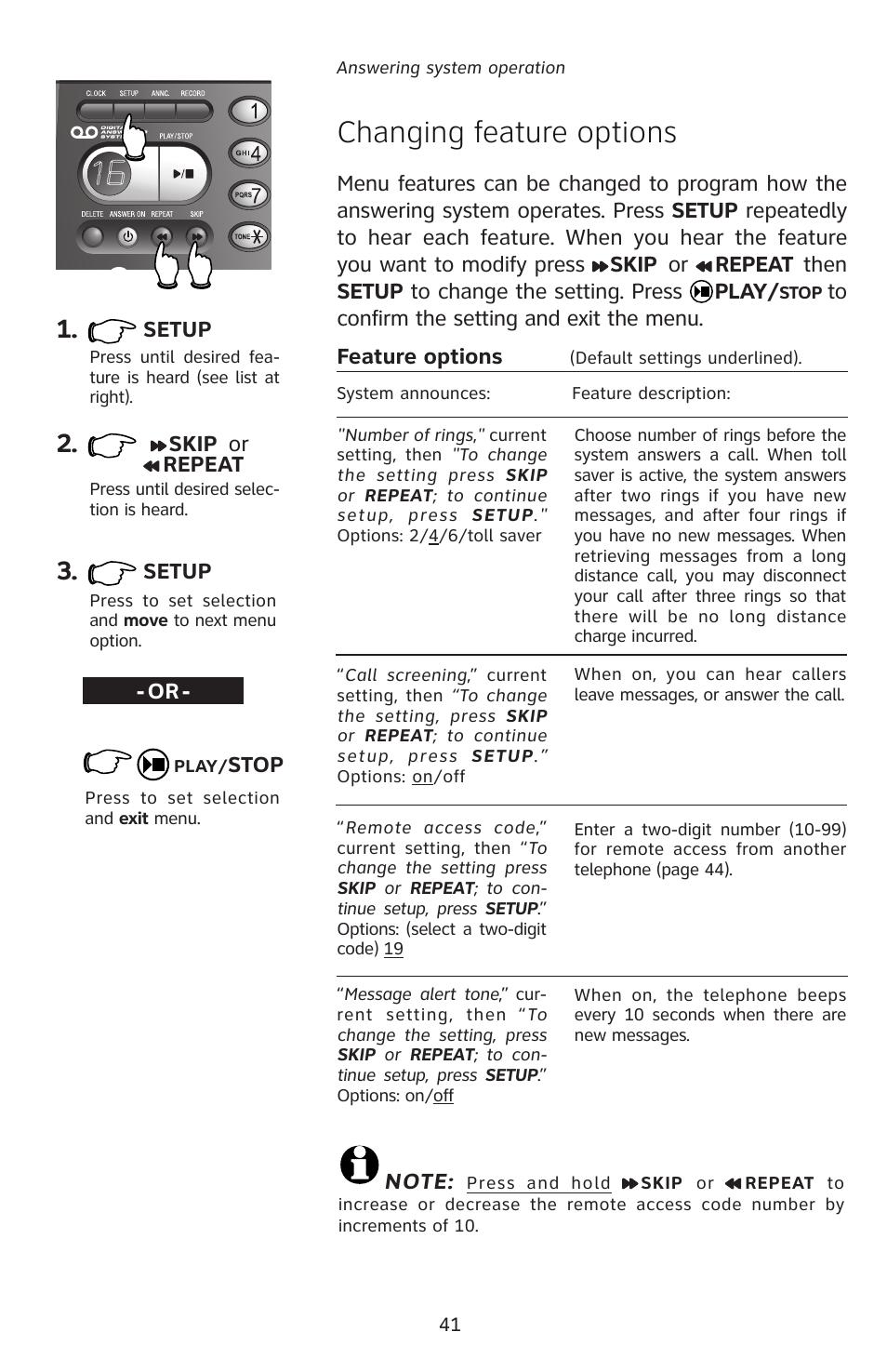 Changing feature options, Setup, Skip or repeat | Stop | AT&T E5828B User Manual | Page 44 / 72