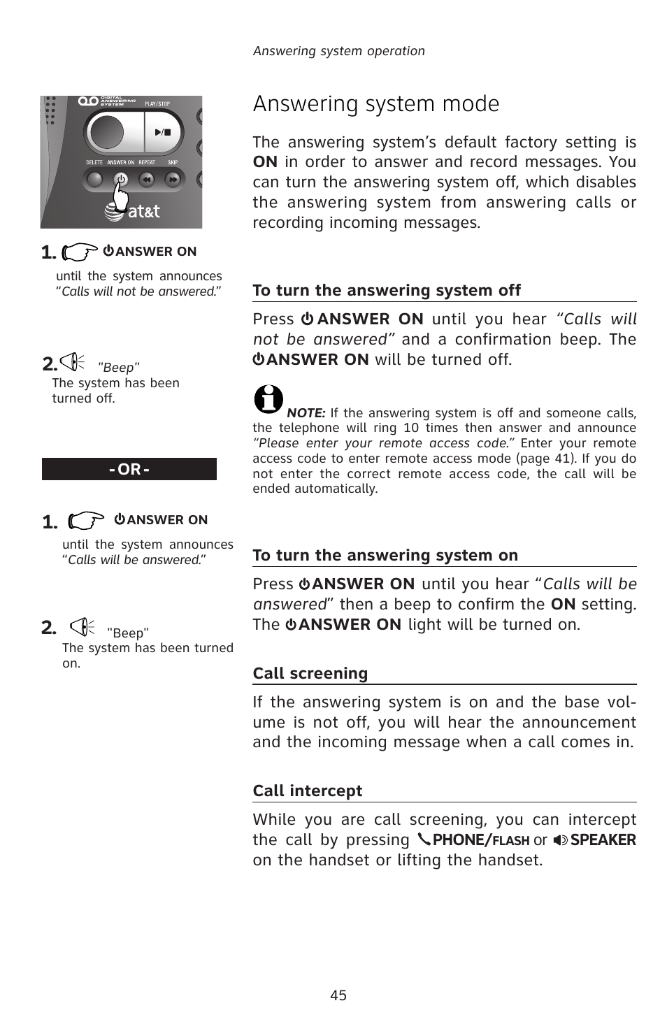 Answering system mode | AT&T E5828B User Manual | Page 48 / 72