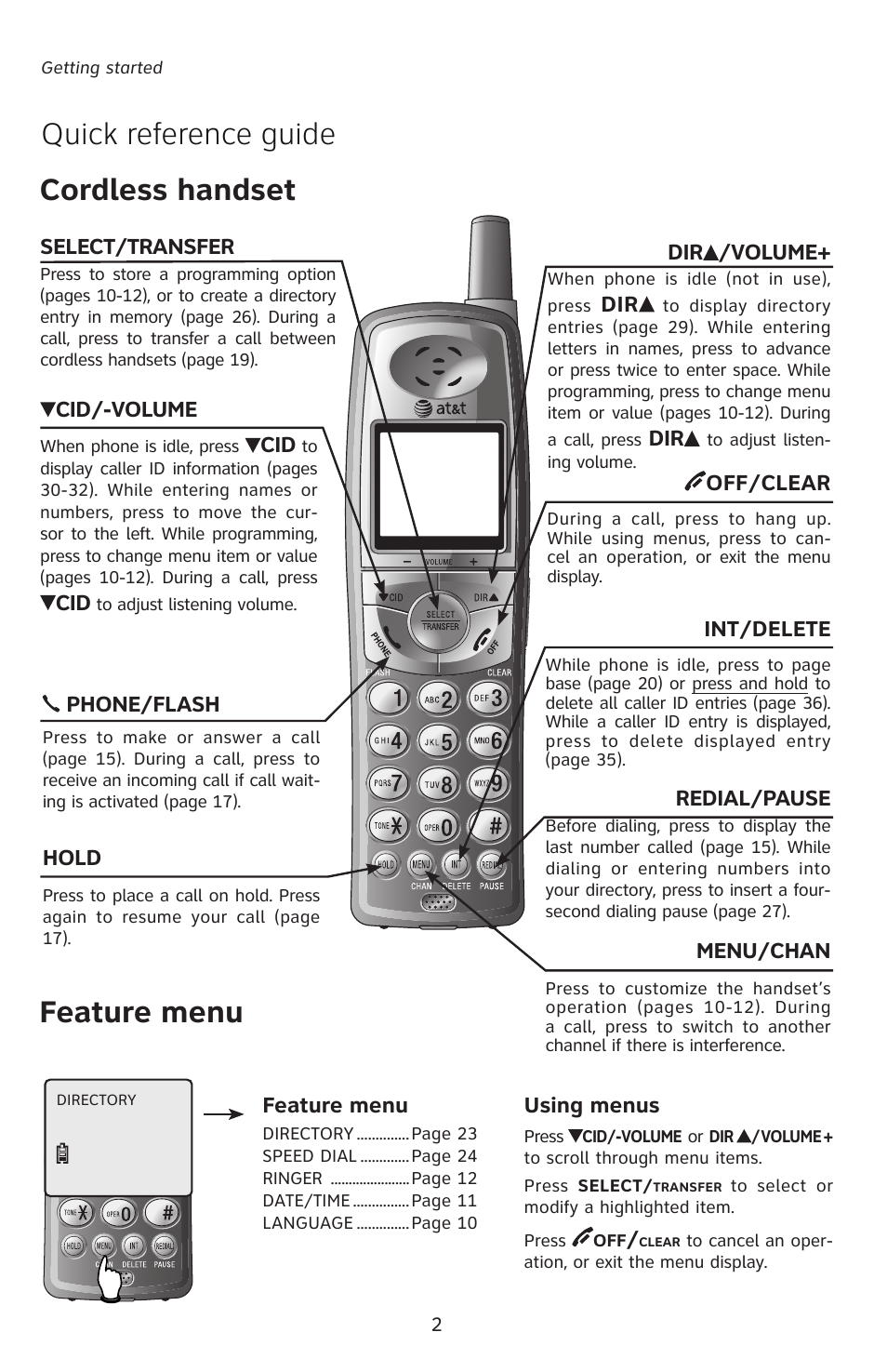 Quick reference guide, Cordless handset feature menu | AT&T E5828B User Manual | Page 5 / 72