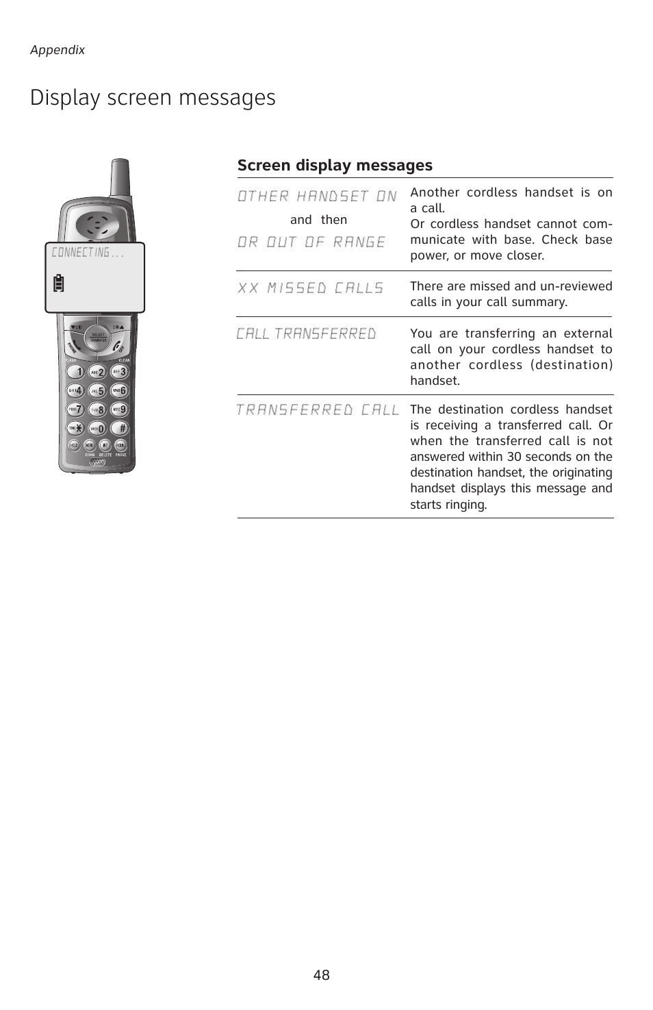 Display screen messages, Screen display messages | AT&T E5828B User Manual | Page 51 / 72