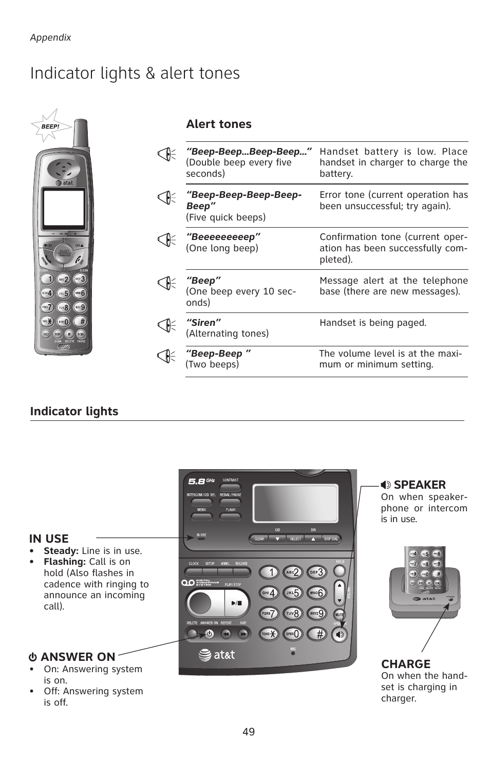 Indicator lights & alert tones, Alert tones indicator lights speaker, Charge | Answer on | AT&T E5828B User Manual | Page 52 / 72
