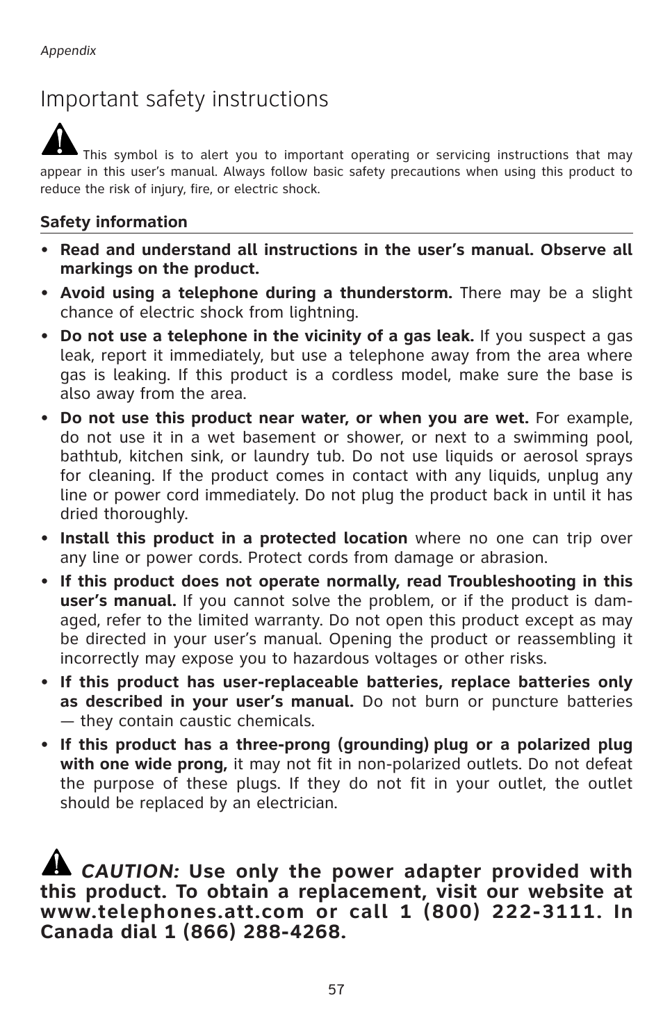 Important safety instructions | AT&T E5828B User Manual | Page 60 / 72