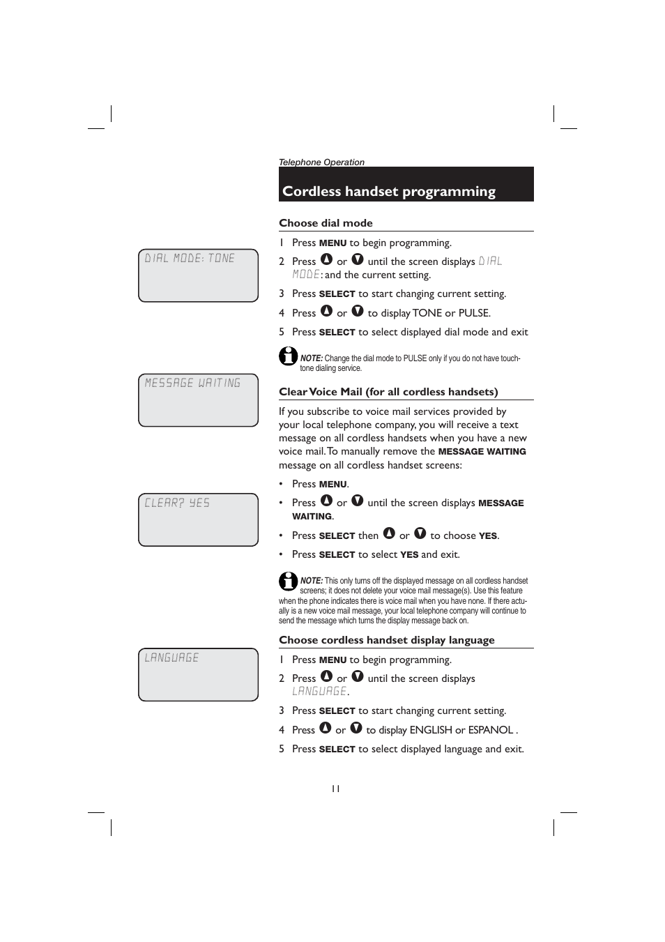 Choose dial mode, Clear voice mail, Choose cordless handset display language | Cordless handset programming | AT&T E2727B User Manual | Page 15 / 60